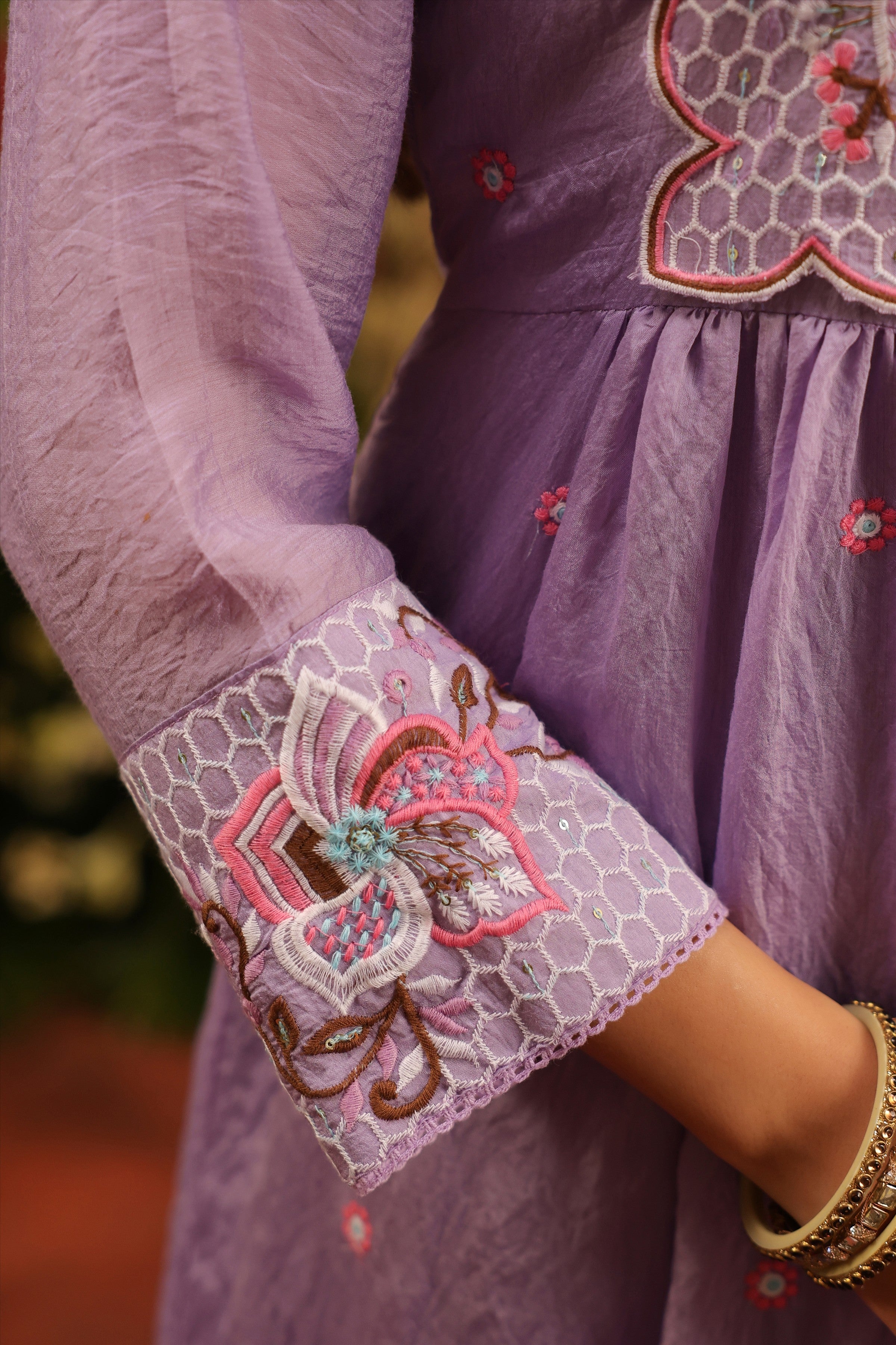 Lavender Mul Chanderi Embroidered Angrakha Anarkali Suit Set