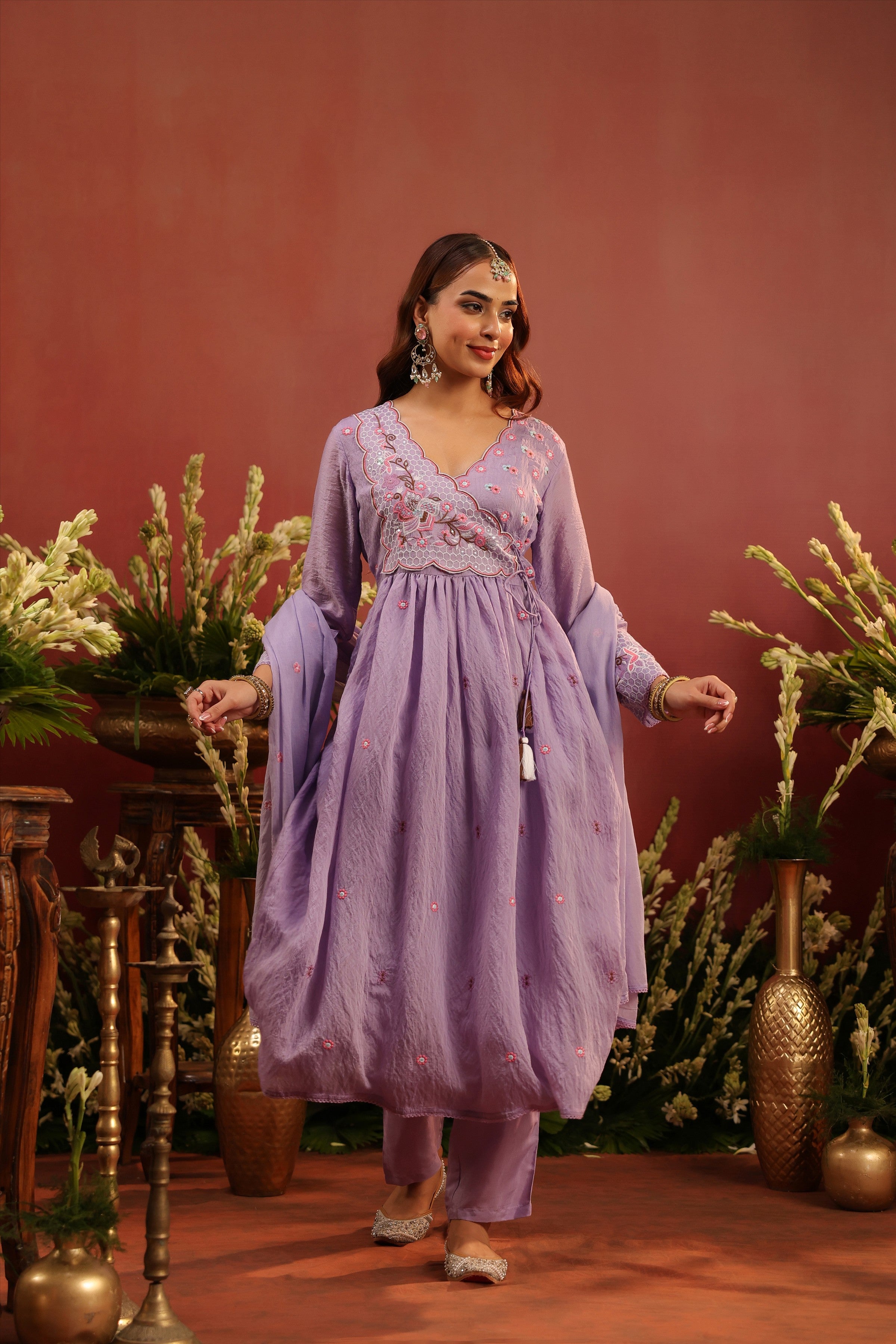 Lavender Mul Chanderi Embroidered Angrakha Anarkali Suit Set