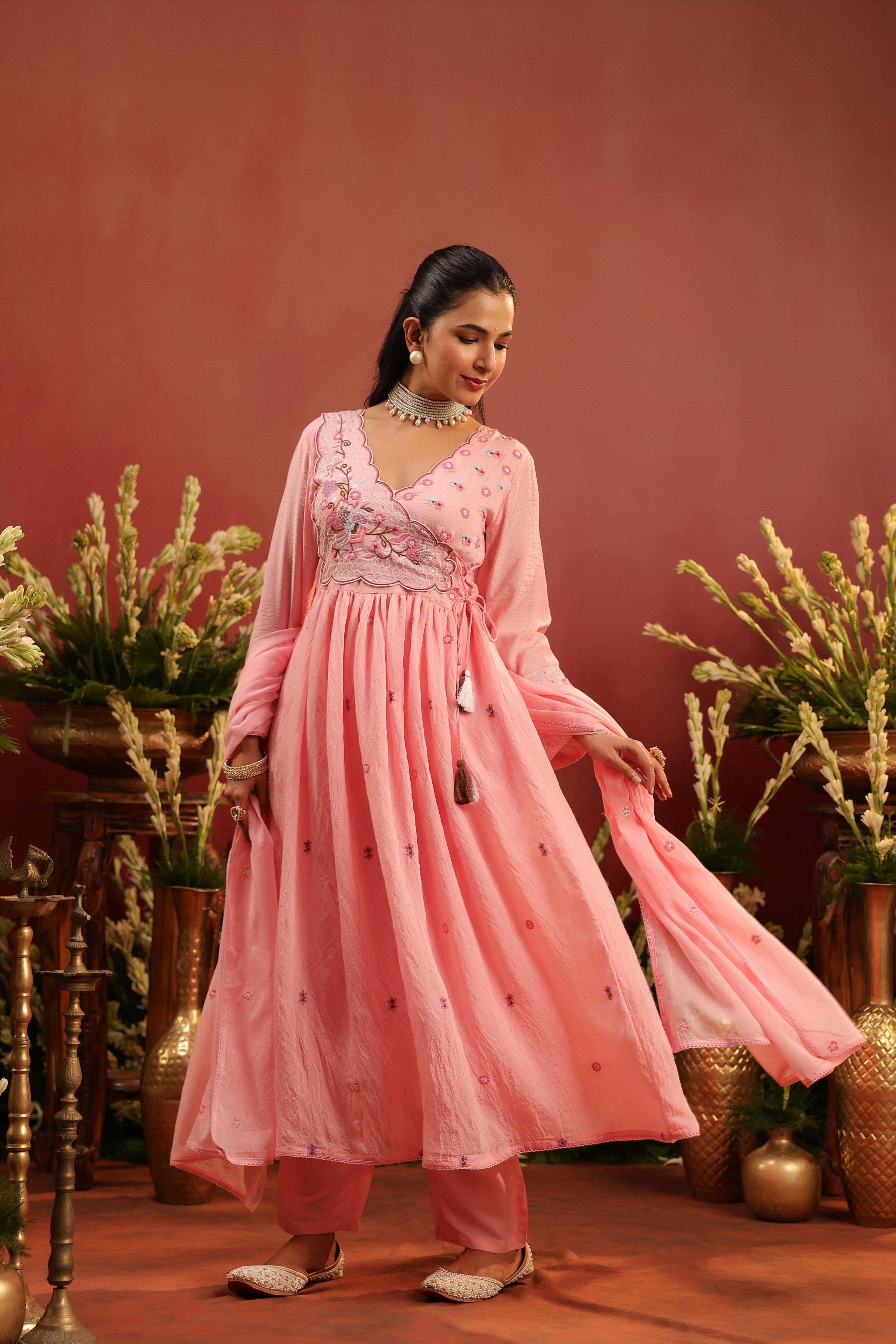 Pink Mul Chanderi Embroidered Angrakha Anarkali Suit Set