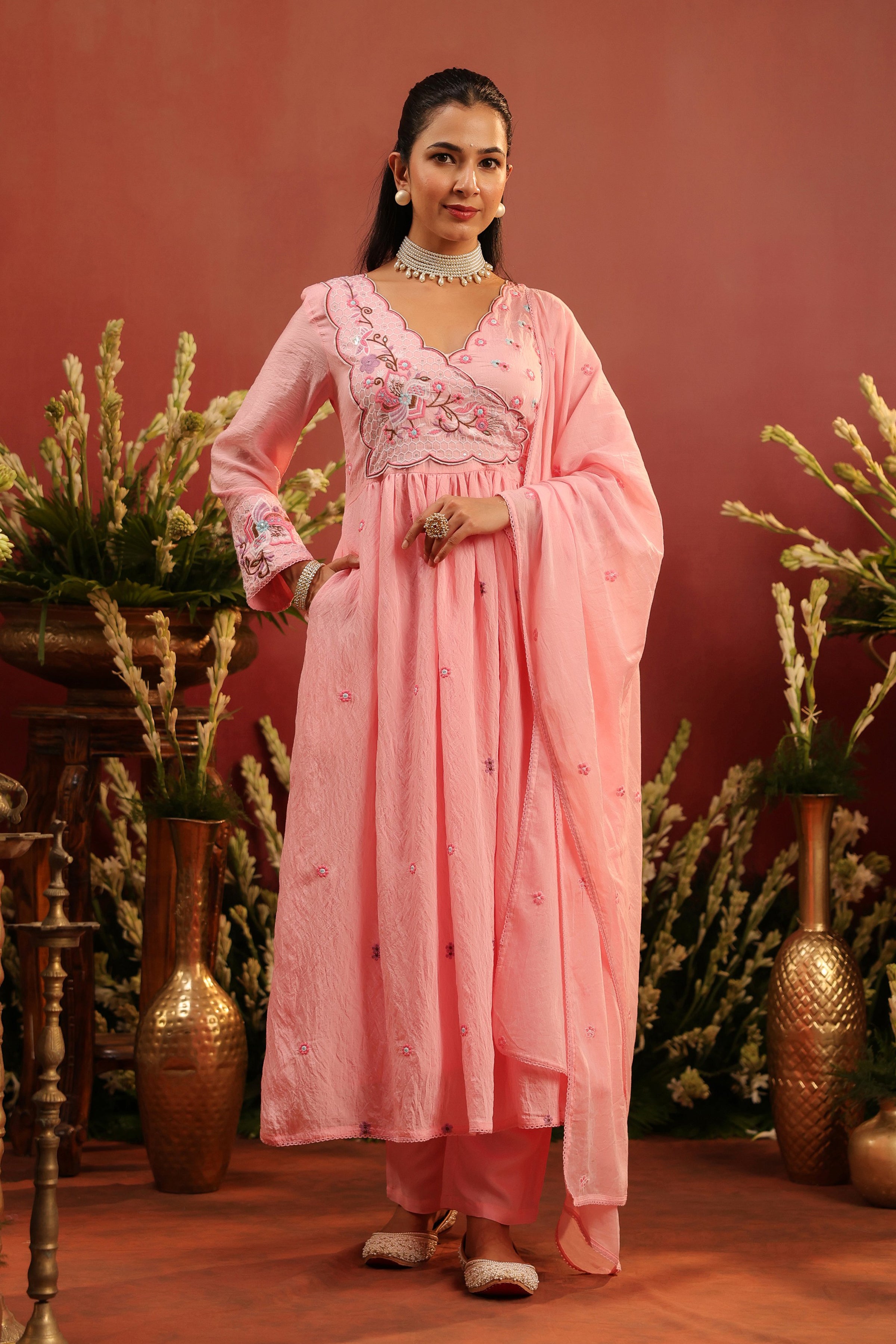 Pink Mul Chanderi Embroidered Angrakha Anarkali Suit Set