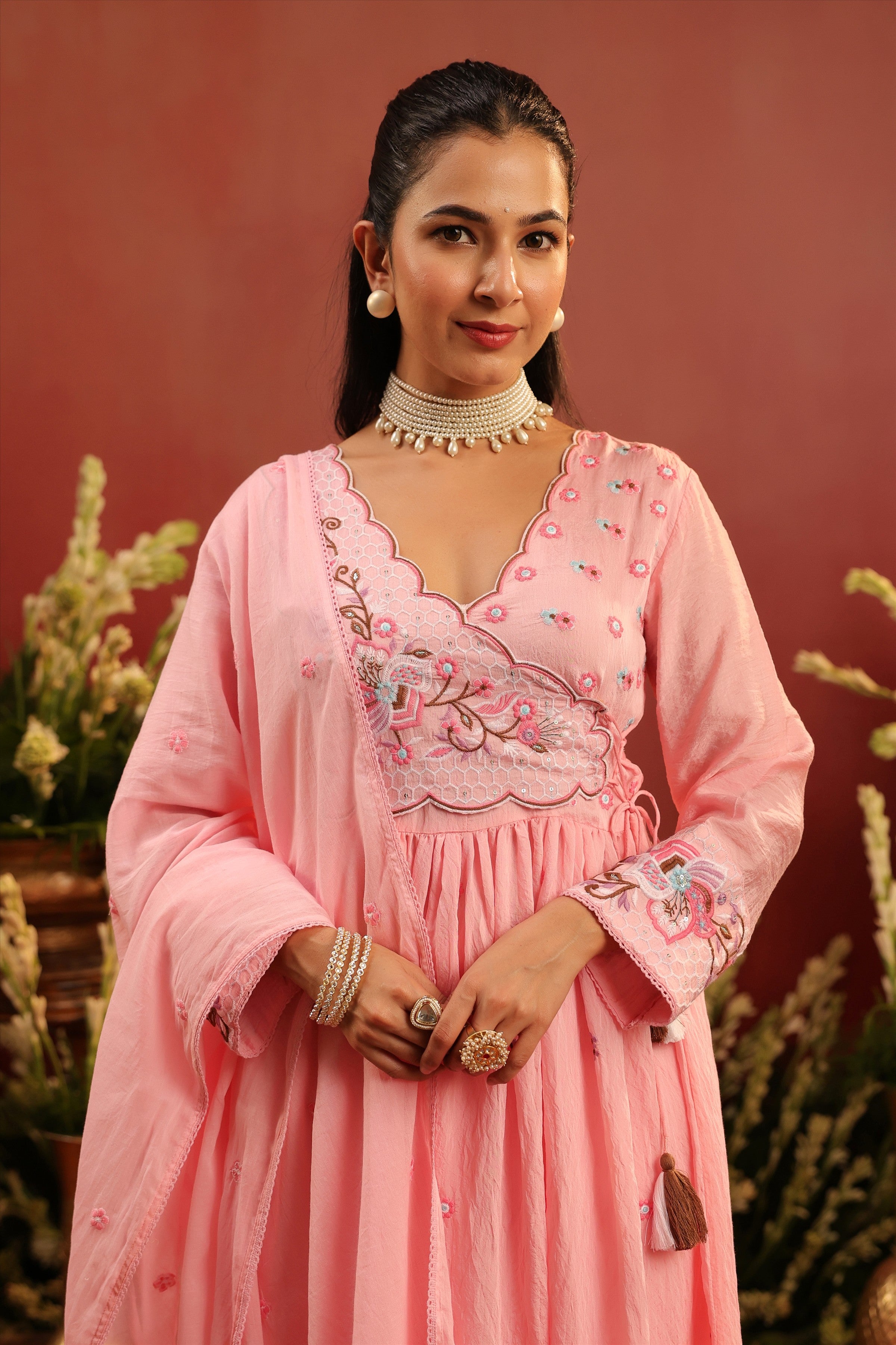 Pink Mul Chanderi Embroidered Angrakha Anarkali Suit Set