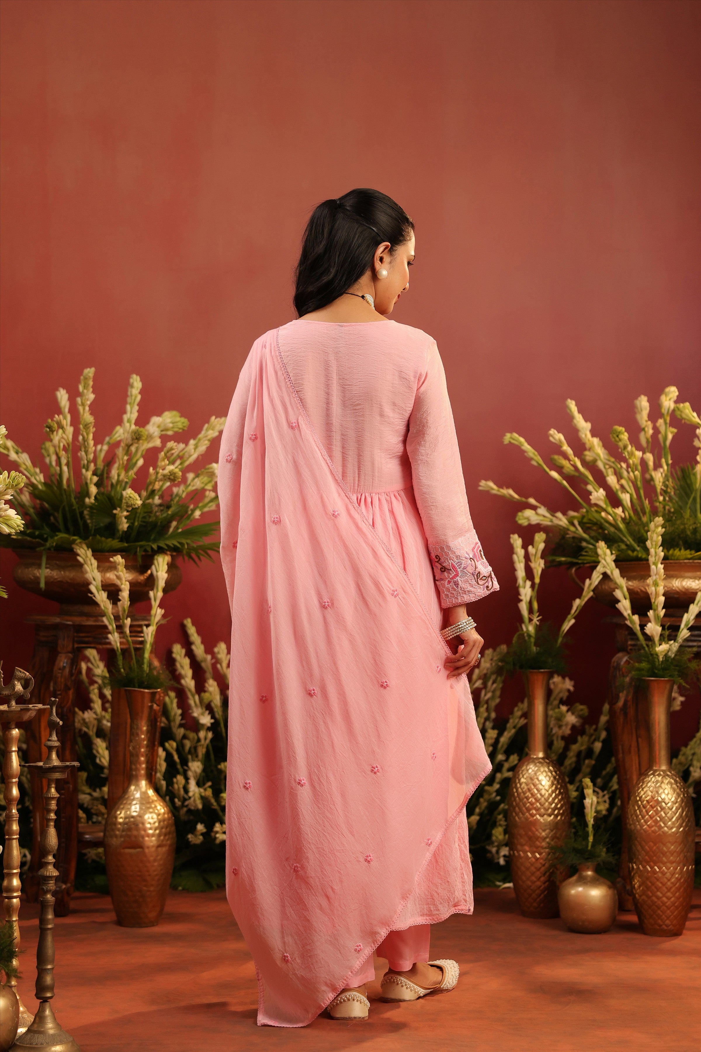 Pink Mul Chanderi Embroidered Angrakha Anarkali Suit Set