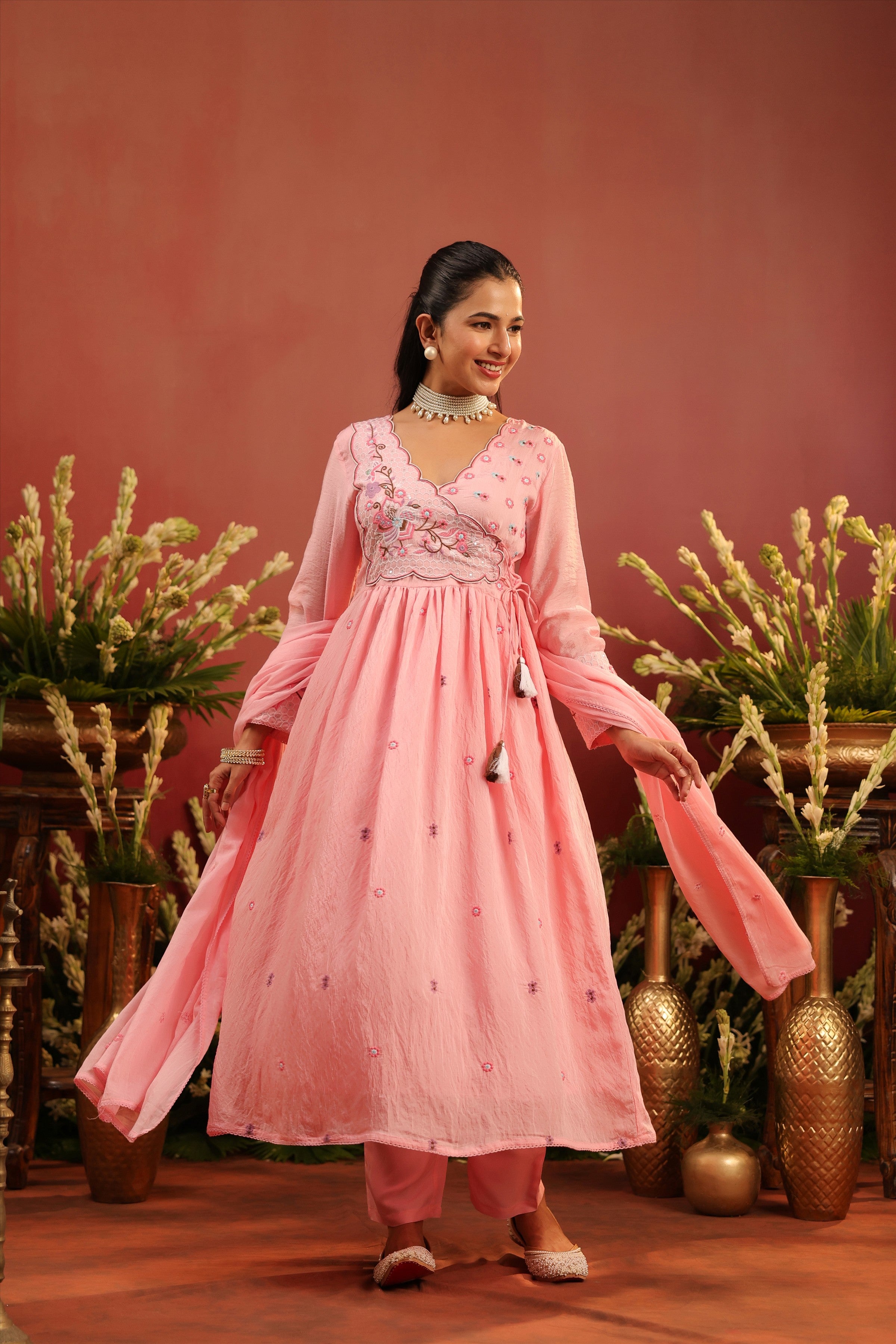 Pink Mul Chanderi Embroidered Angrakha Anarkali Suit Set