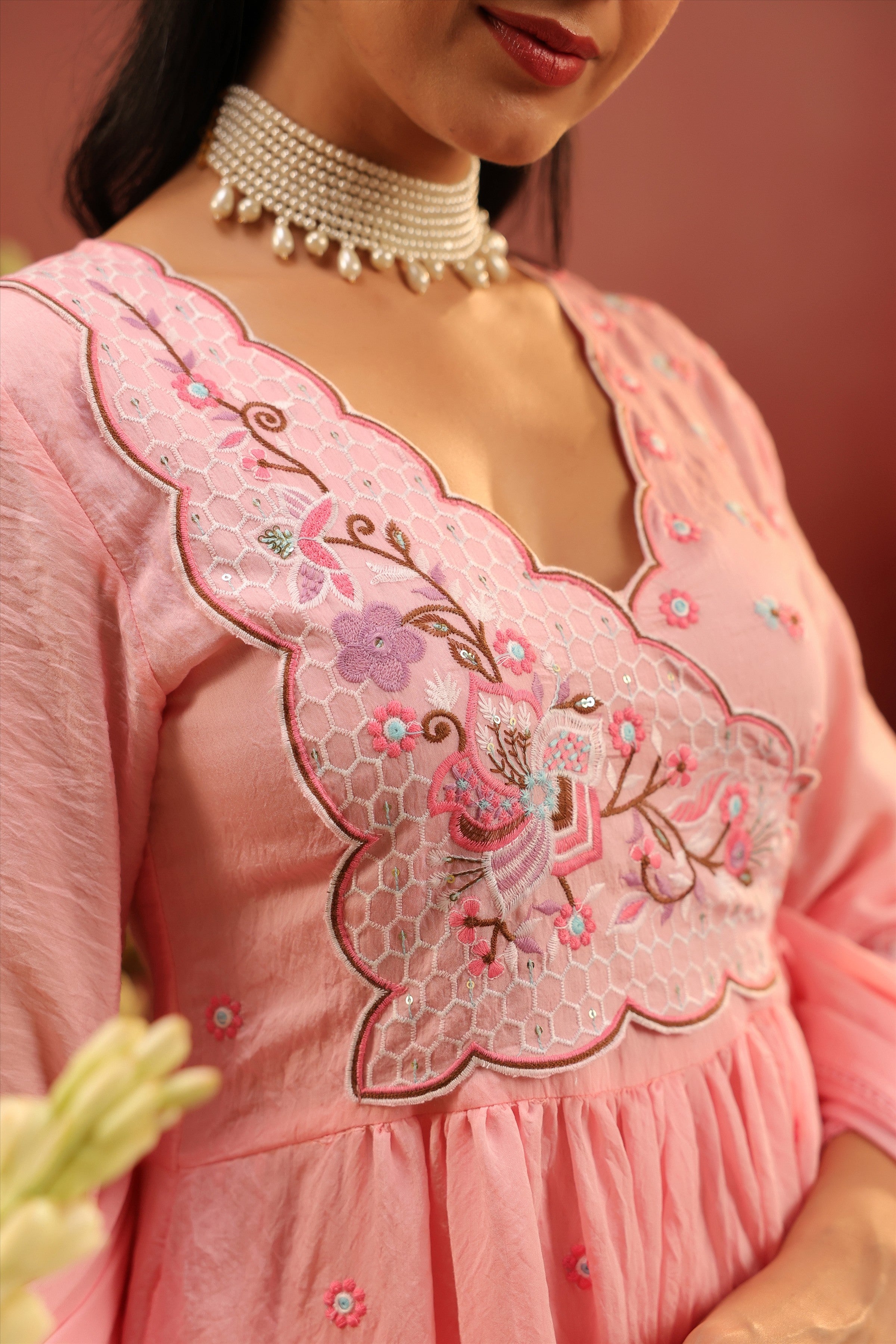 Pink Mul Chanderi Embroidered Angrakha Anarkali Suit Set