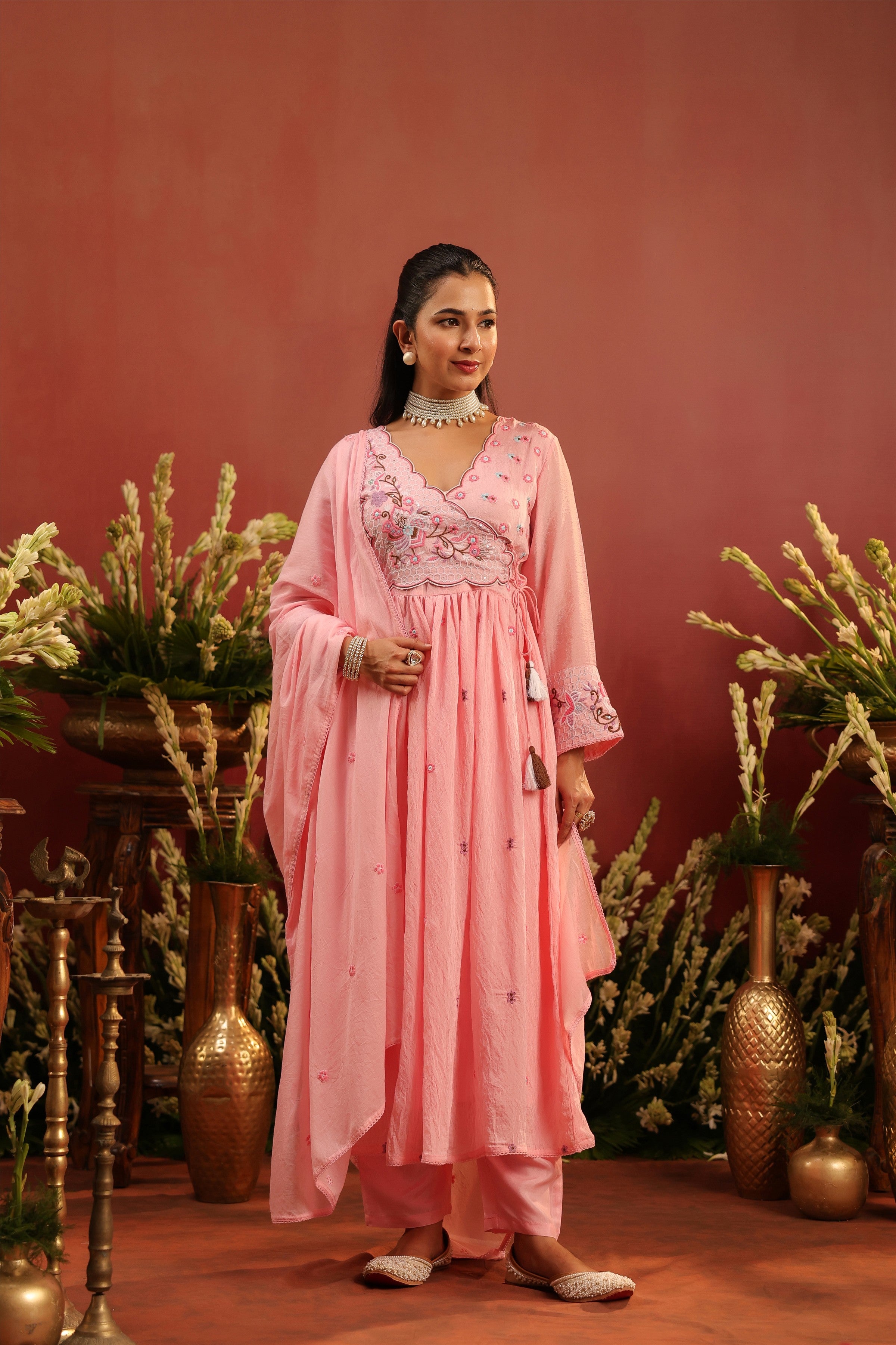 Pink Mul Chanderi Embroidered Angrakha Anarkali Suit Set