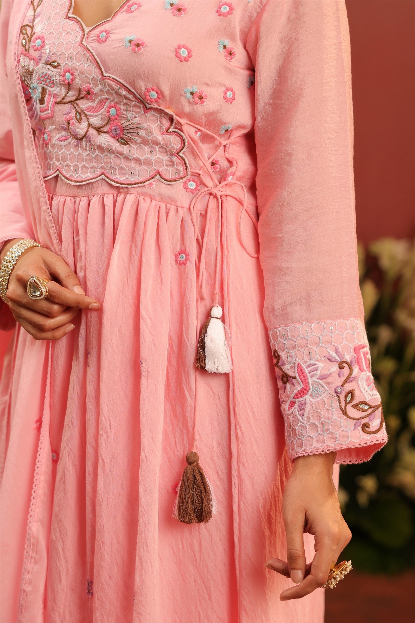 Pink Mul Chanderi Embroidered Angrakha Anarkali Suit Set