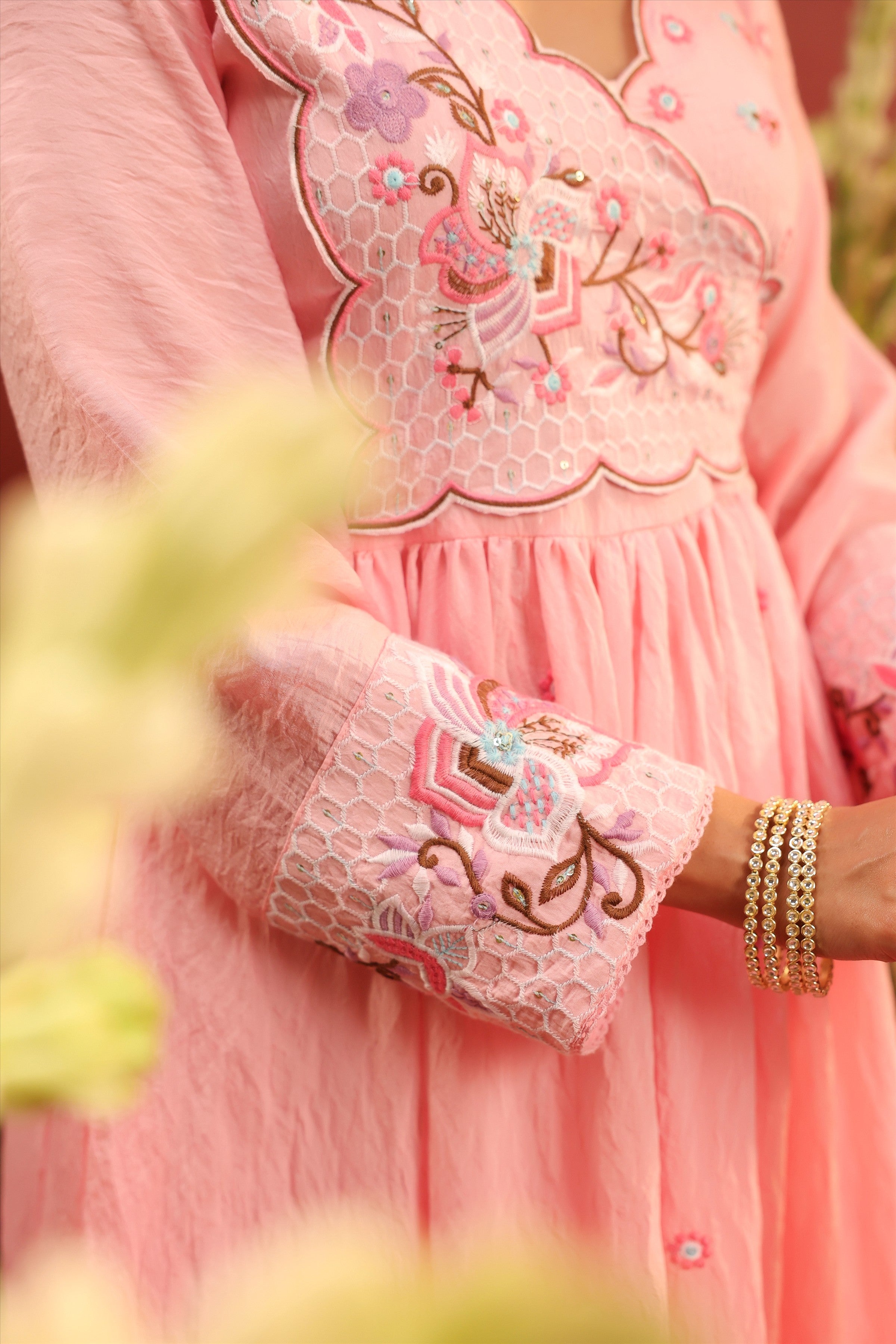 Pink Mul Chanderi Embroidered Angrakha Anarkali Suit Set