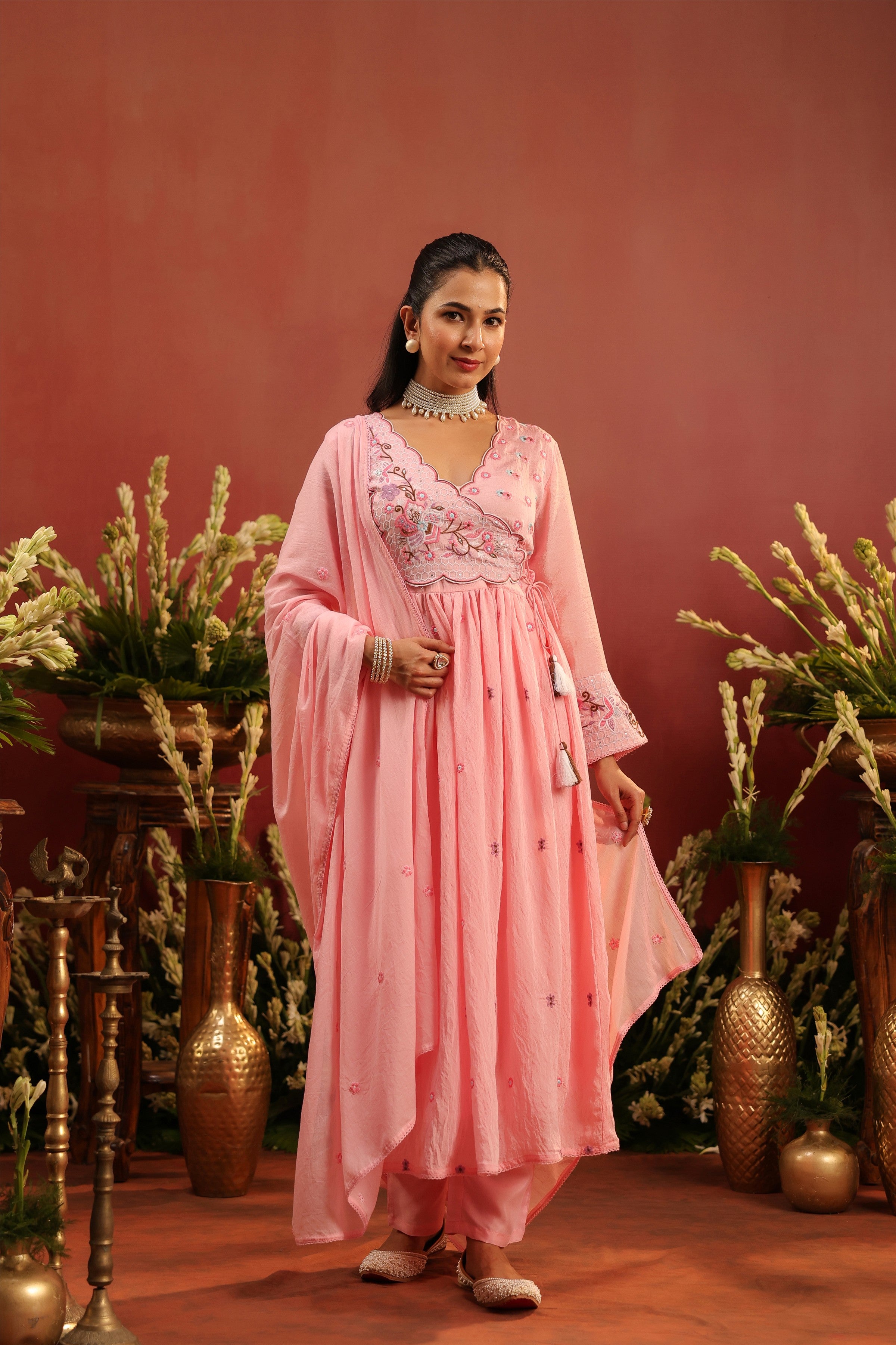 Pink Mul Chanderi Embroidered Angrakha Anarkali Suit Set