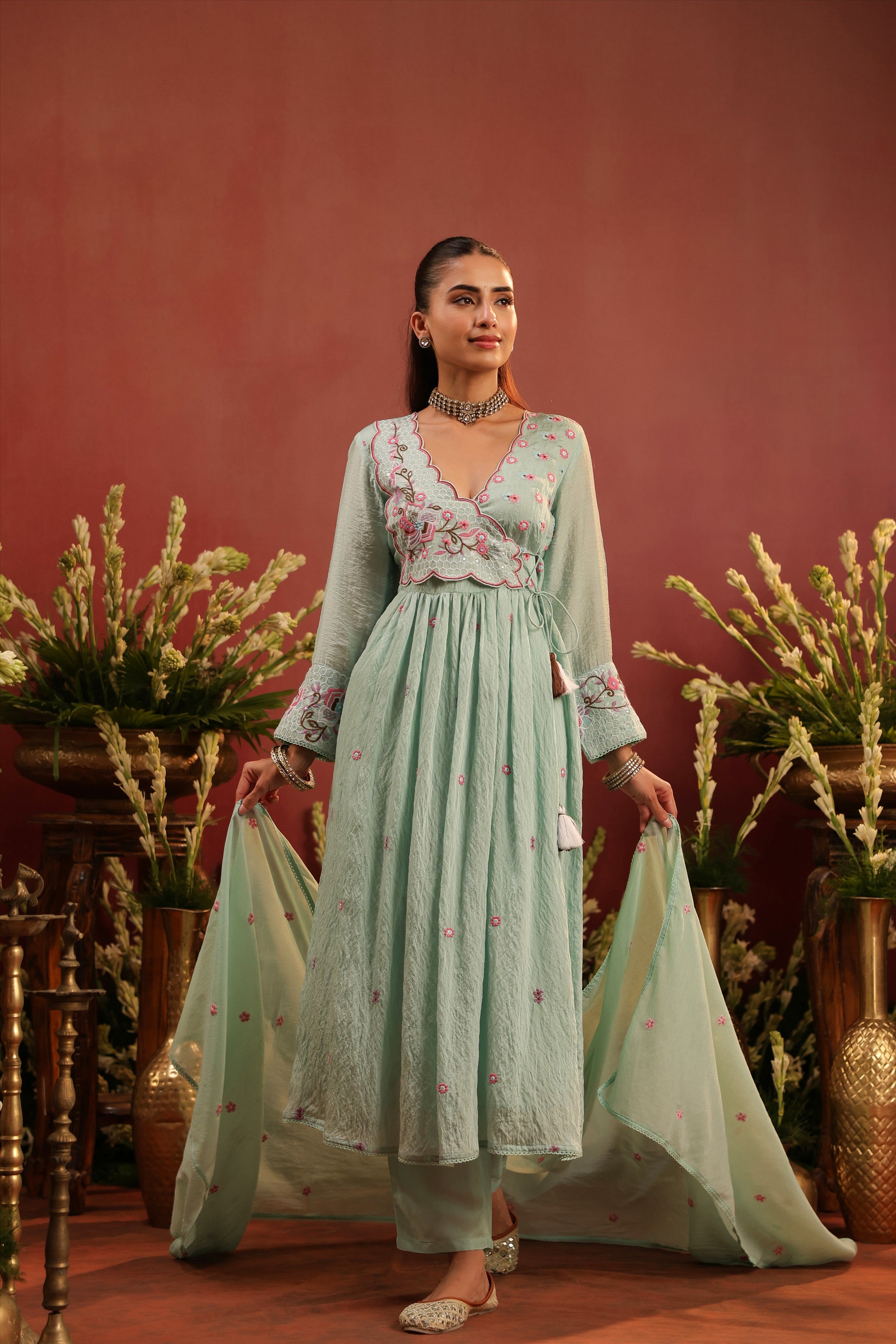 Sea Green Mul Chanderi Embroidered Angrakha Anarkali Suit Set