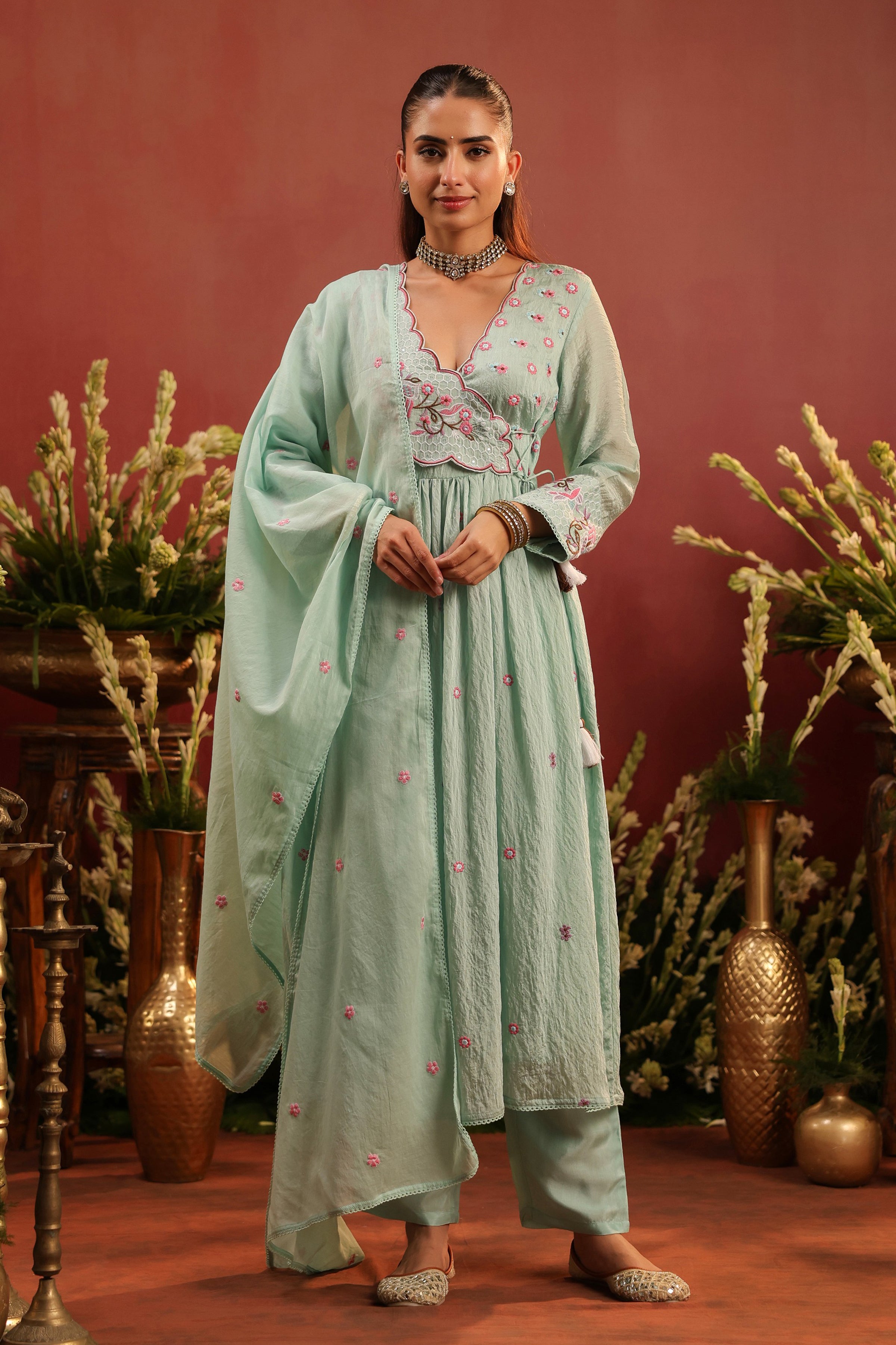 Sea Green Mul Chanderi Embroidered Angrakha Anarkali Suit Set