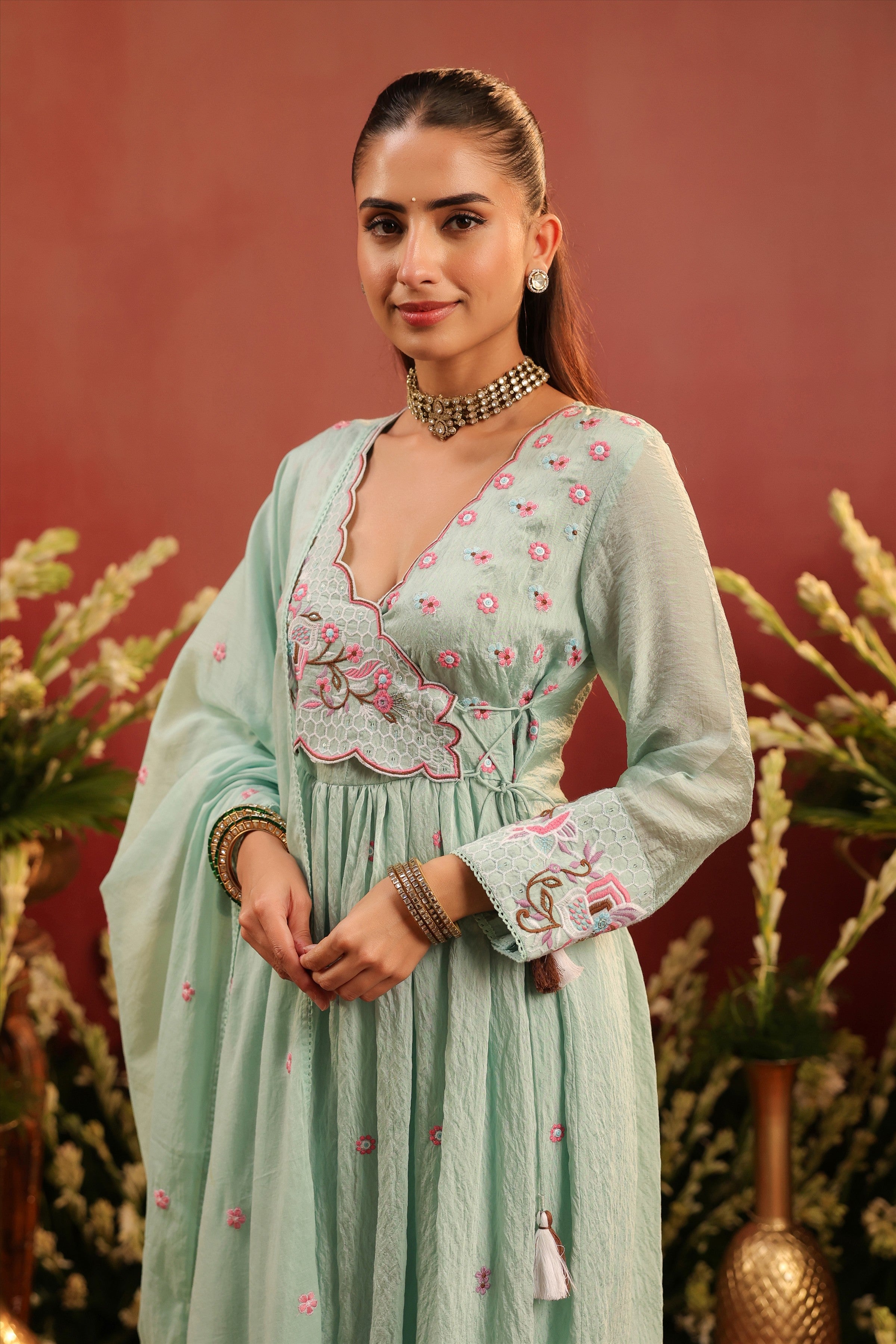 Sea Green Mul Chanderi Embroidered Angrakha Anarkali Suit Set