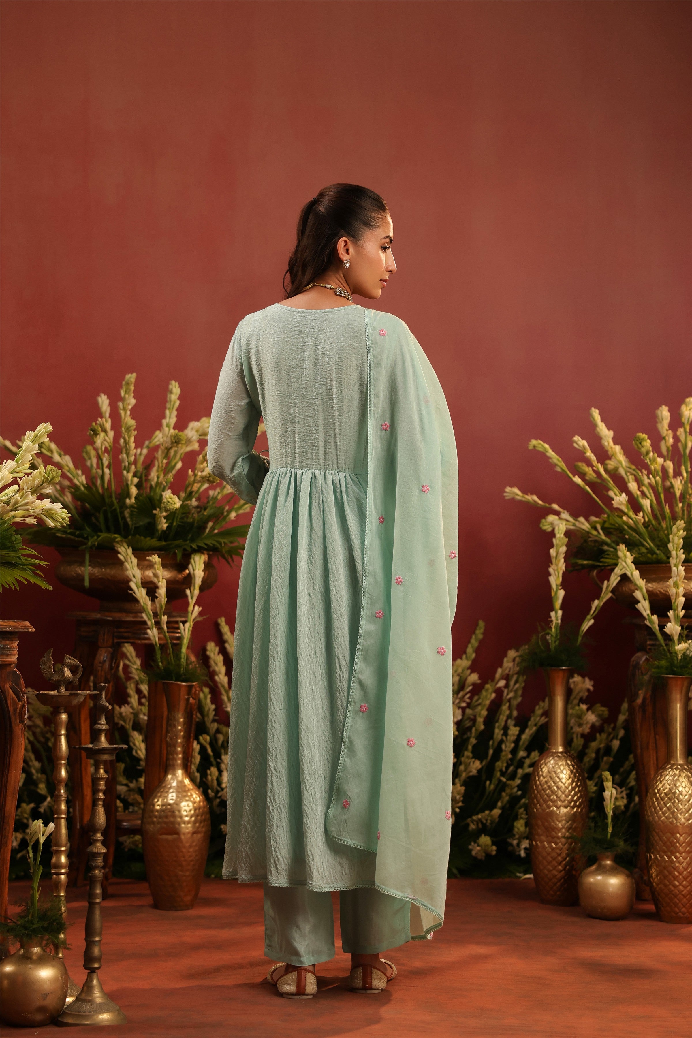 Sea Green Mul Chanderi Embroidered Angrakha Anarkali Suit Set