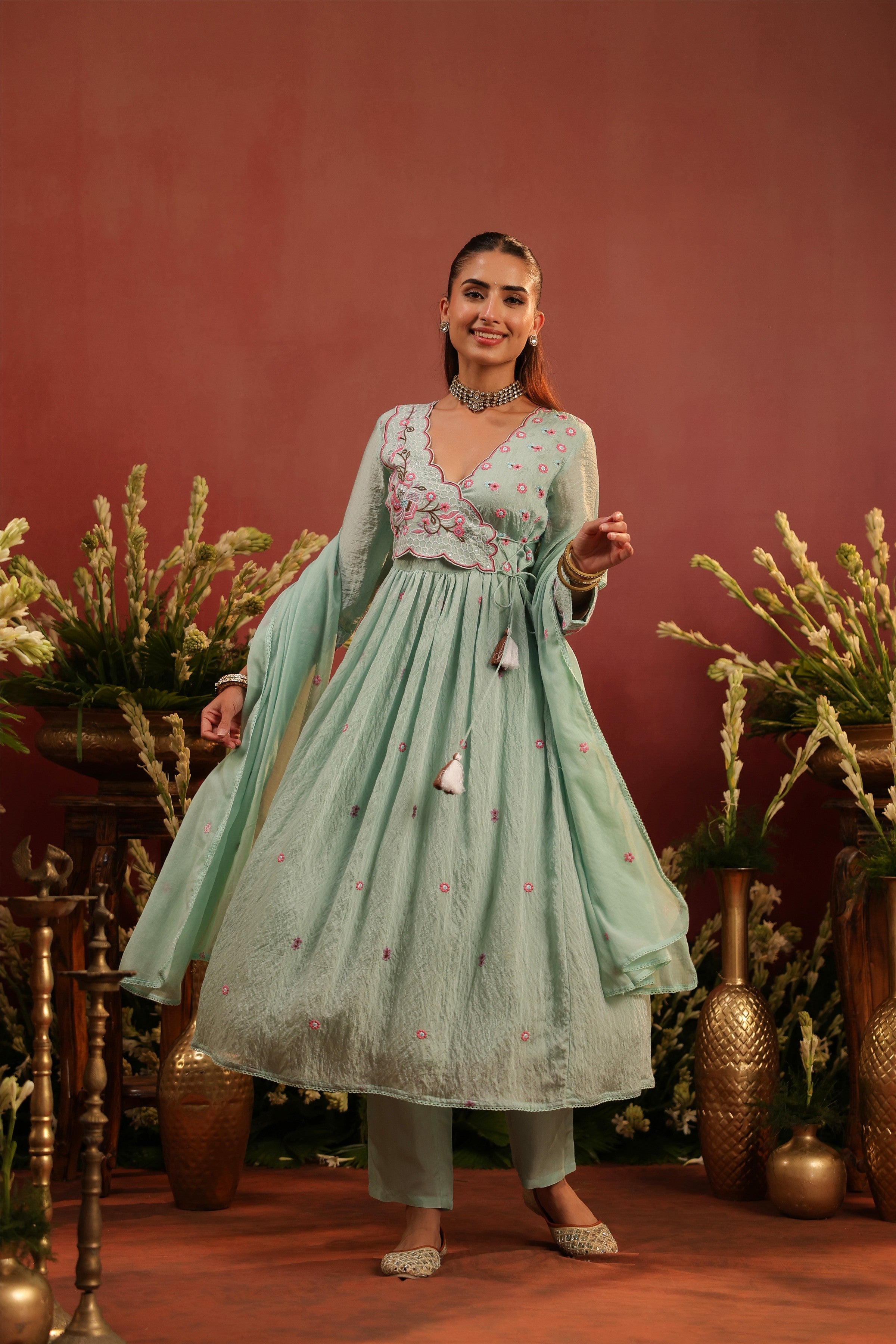 Sea Green Mul Chanderi Embroidered Angrakha Anarkali Suit Set
