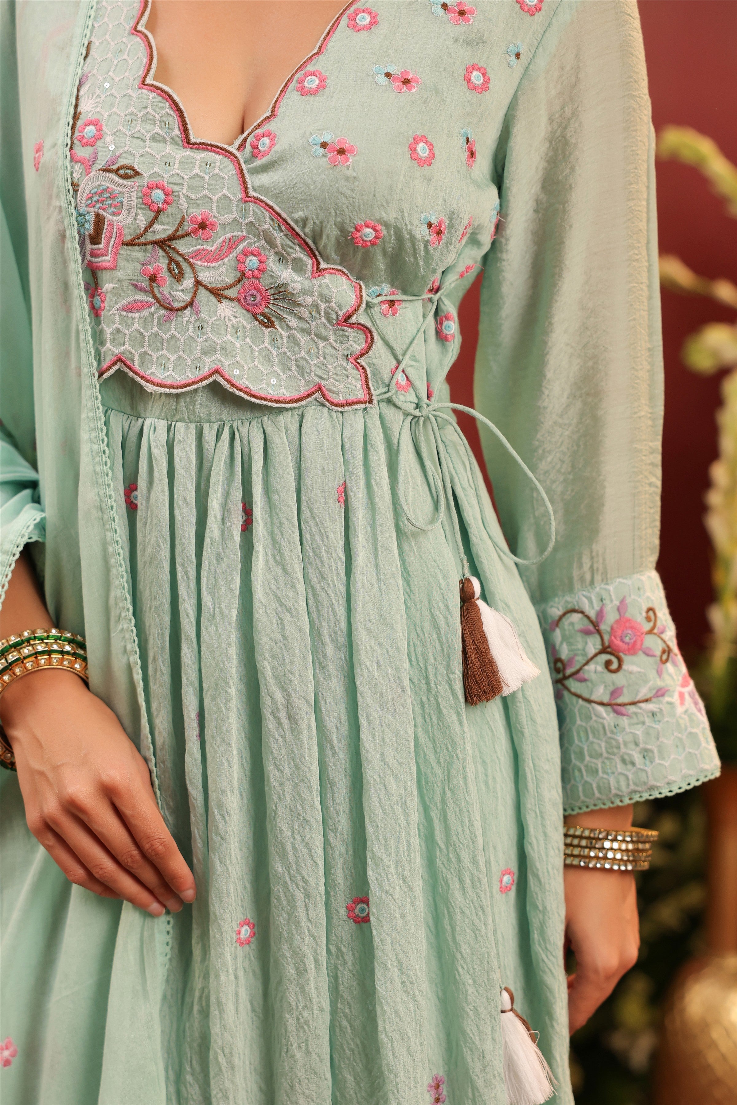 Sea Green Mul Chanderi Embroidered Angrakha Anarkali Suit Set