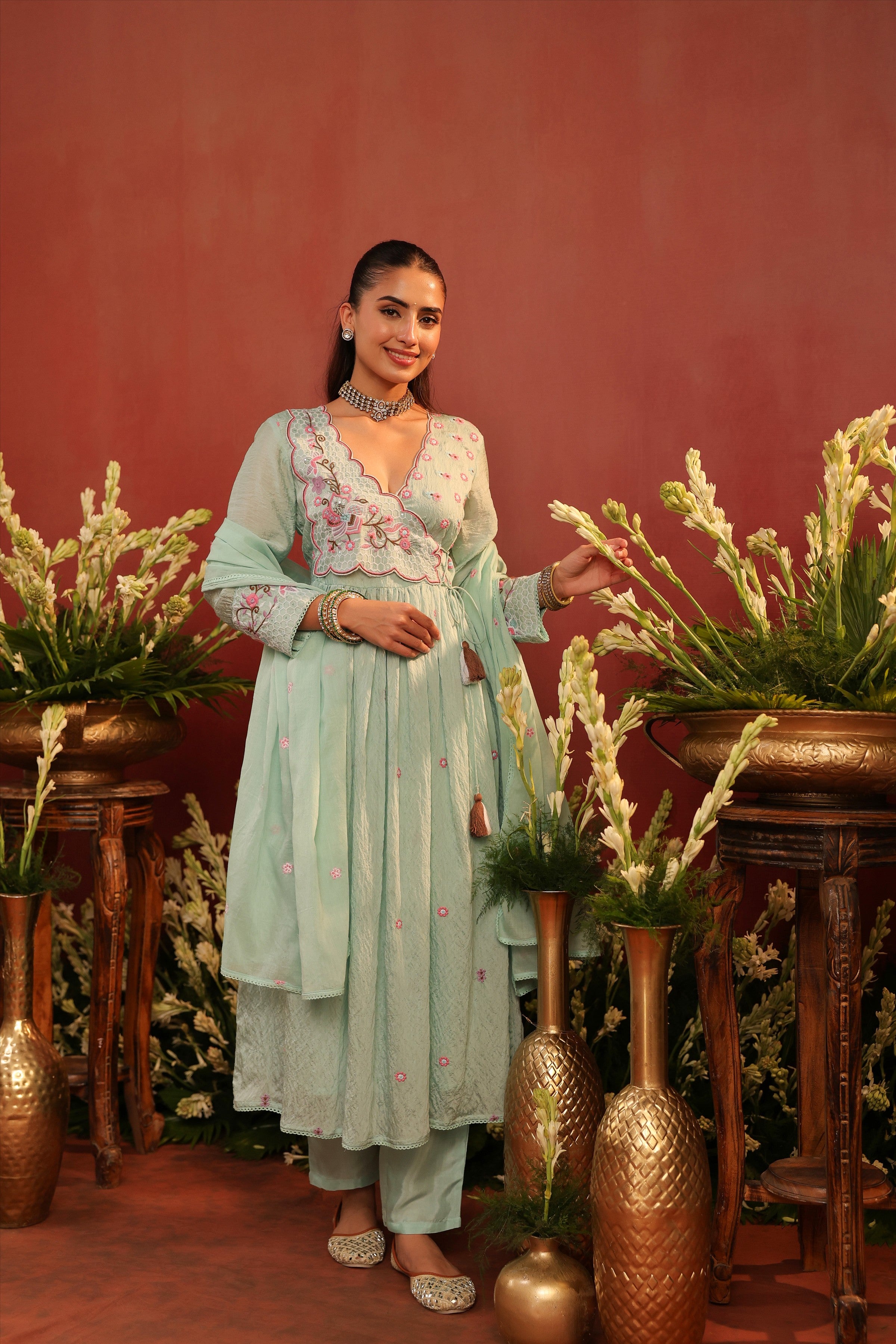 Sea Green Mul Chanderi Embroidered Angrakha Anarkali Suit Set