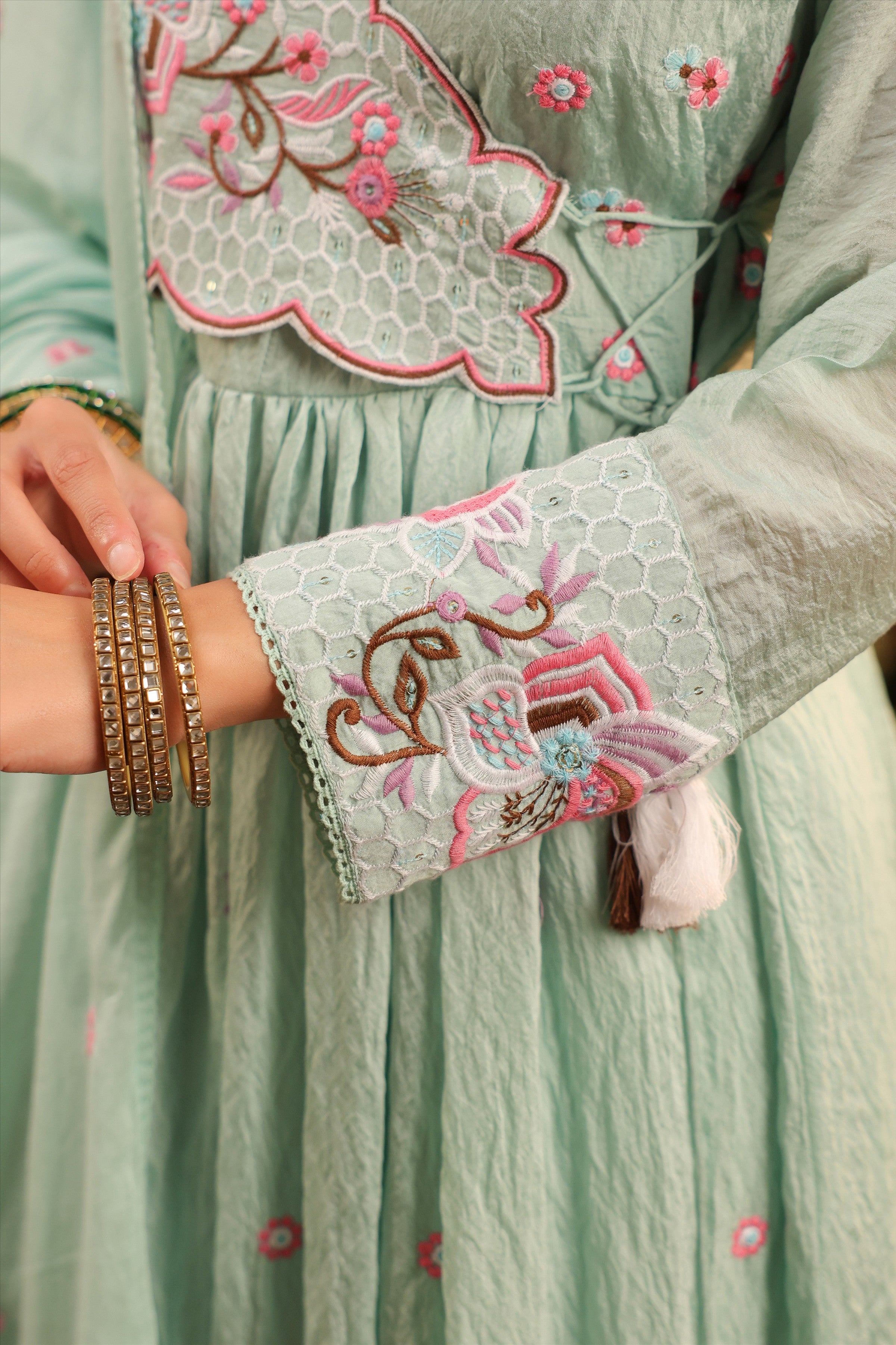 Sea Green Mul Chanderi Embroidered Angrakha Anarkali Suit Set