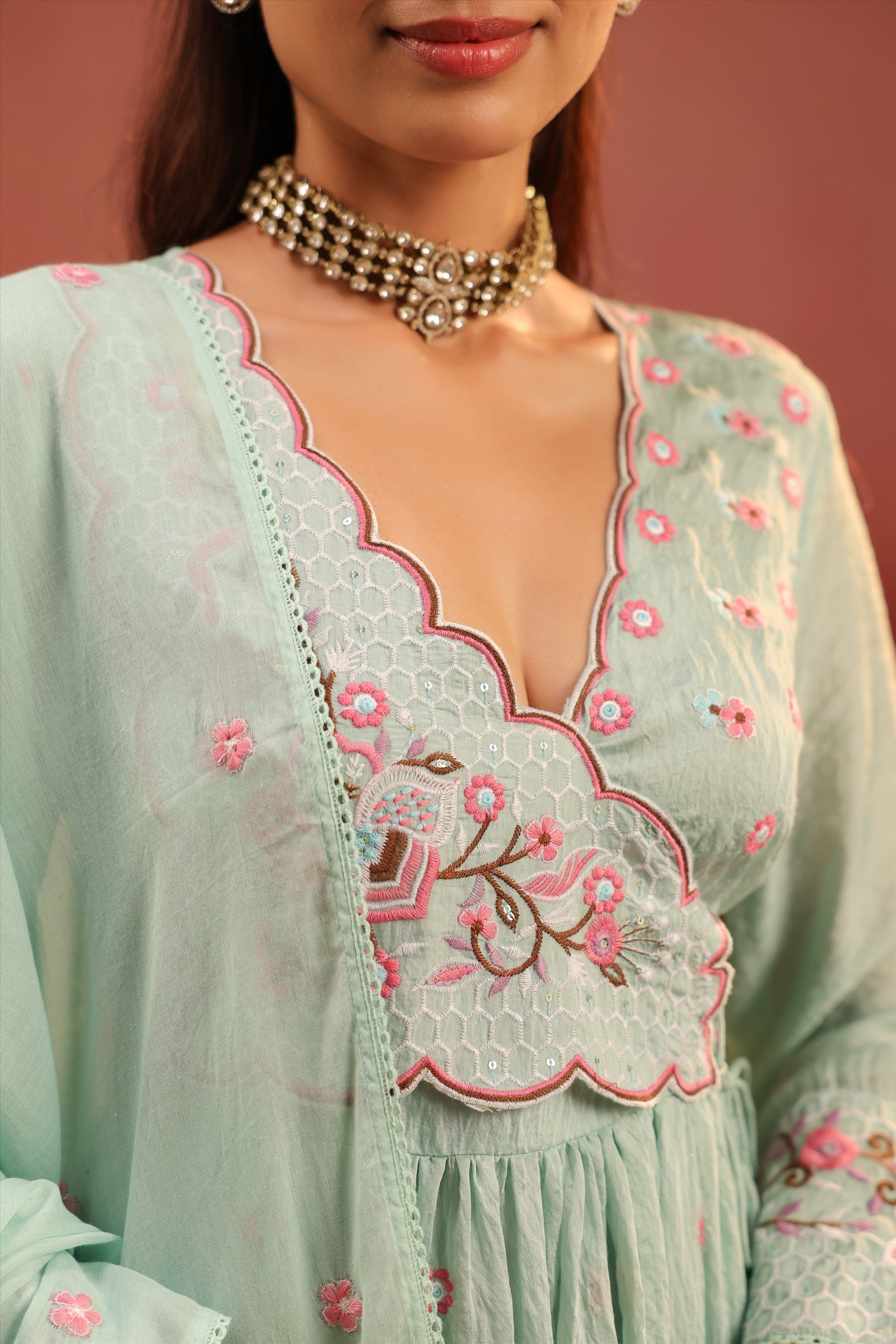 Sea Green Mul Chanderi Embroidered Angrakha Anarkali Suit Set