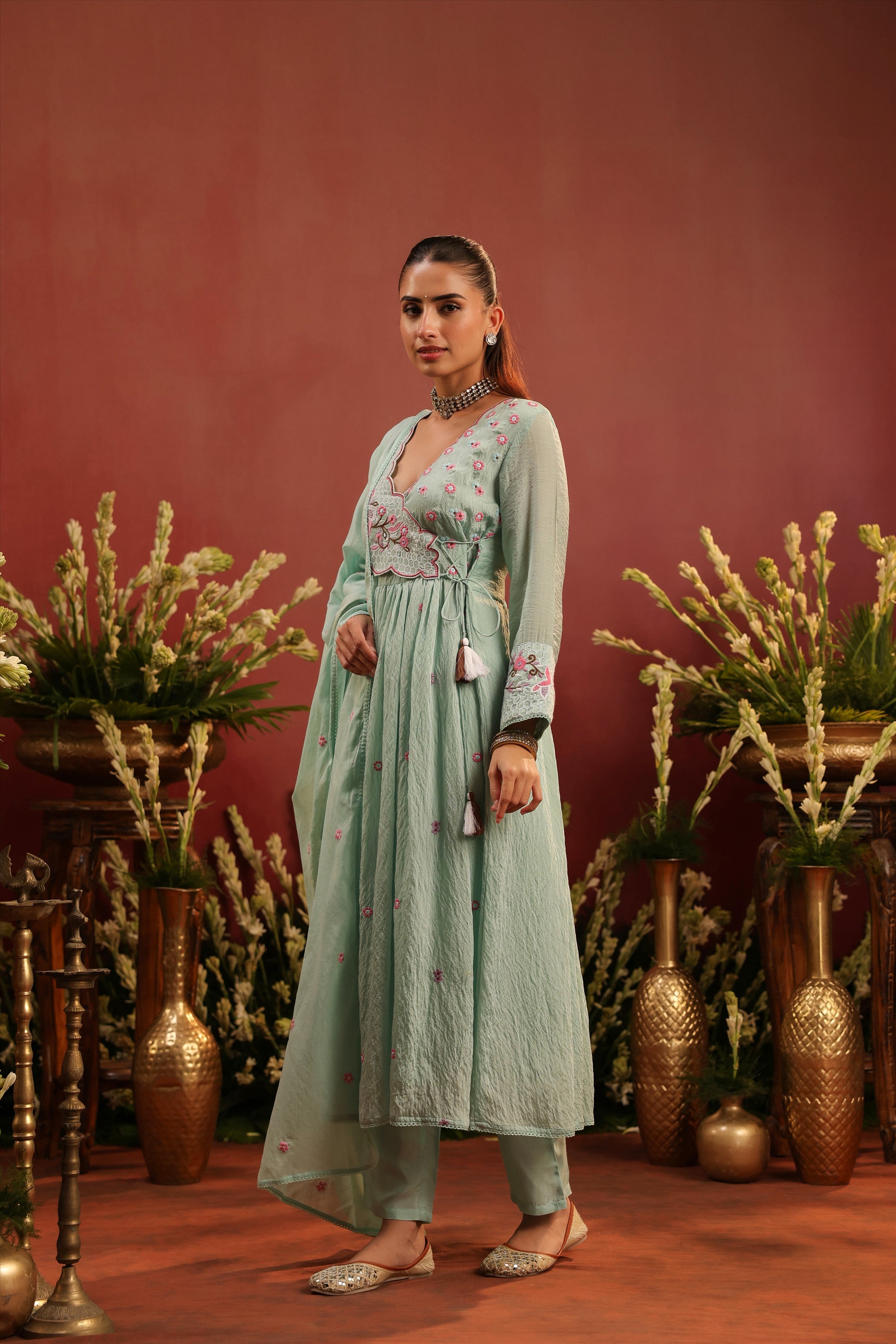 Sea Green Mul Chanderi Embroidered Angrakha Anarkali Suit Set