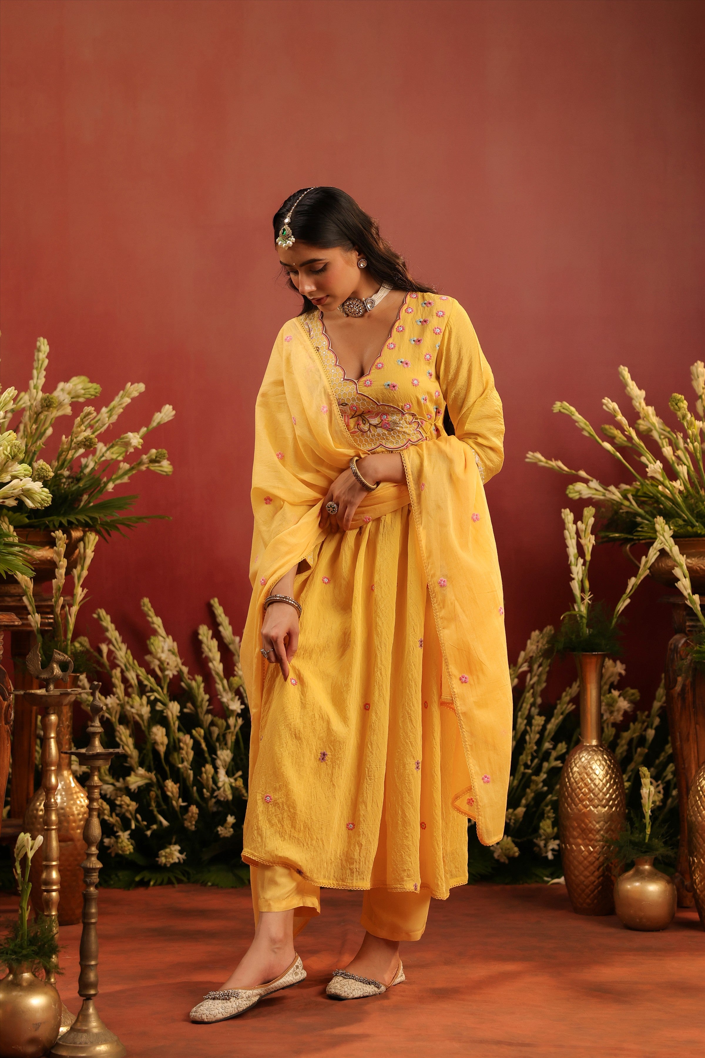 Yellow Mul Chanderi Embroidered Angrakha Anarkali Suit Set