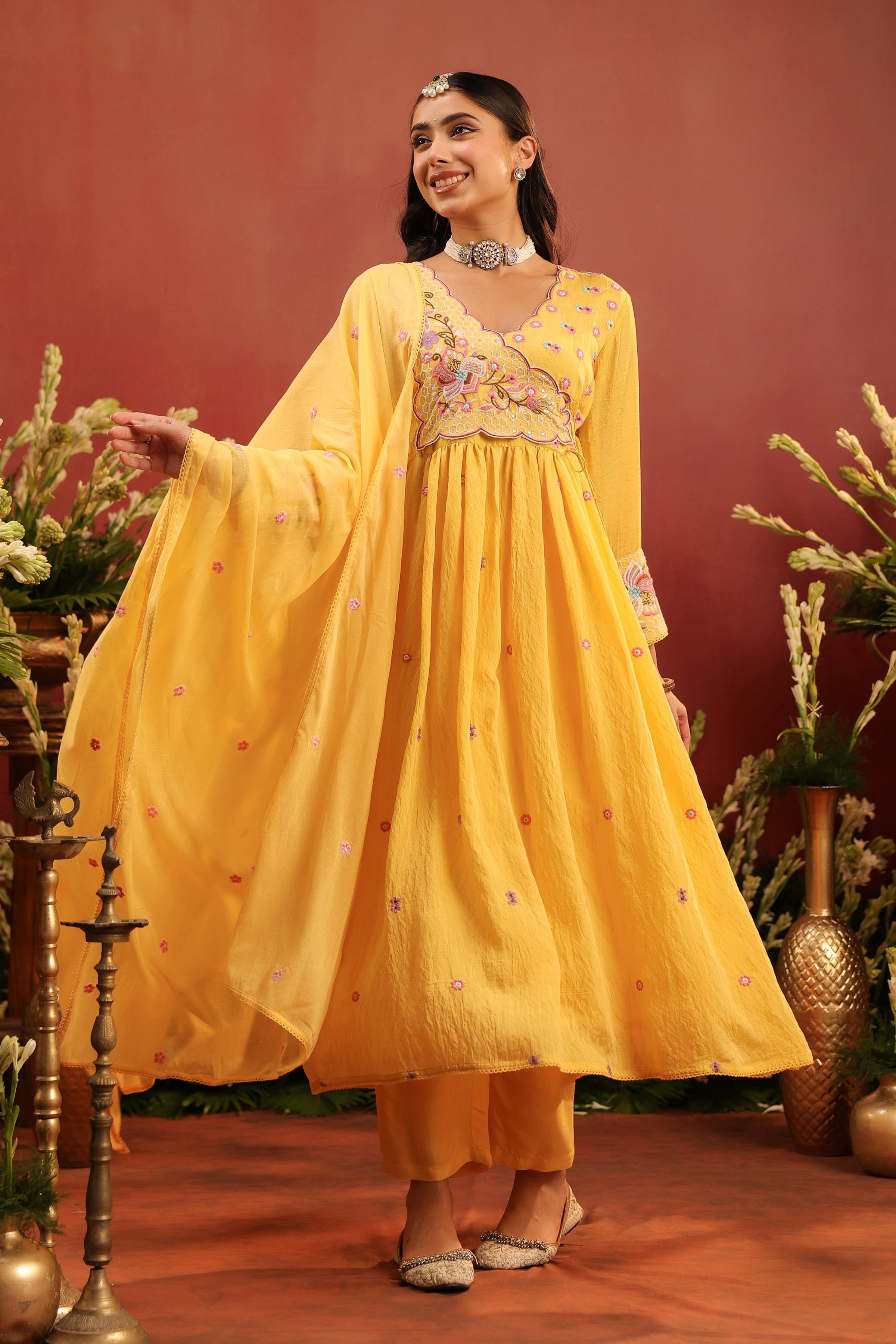 Yellow Mul Chanderi Embroidered Angrakha Anarkali Suit Set