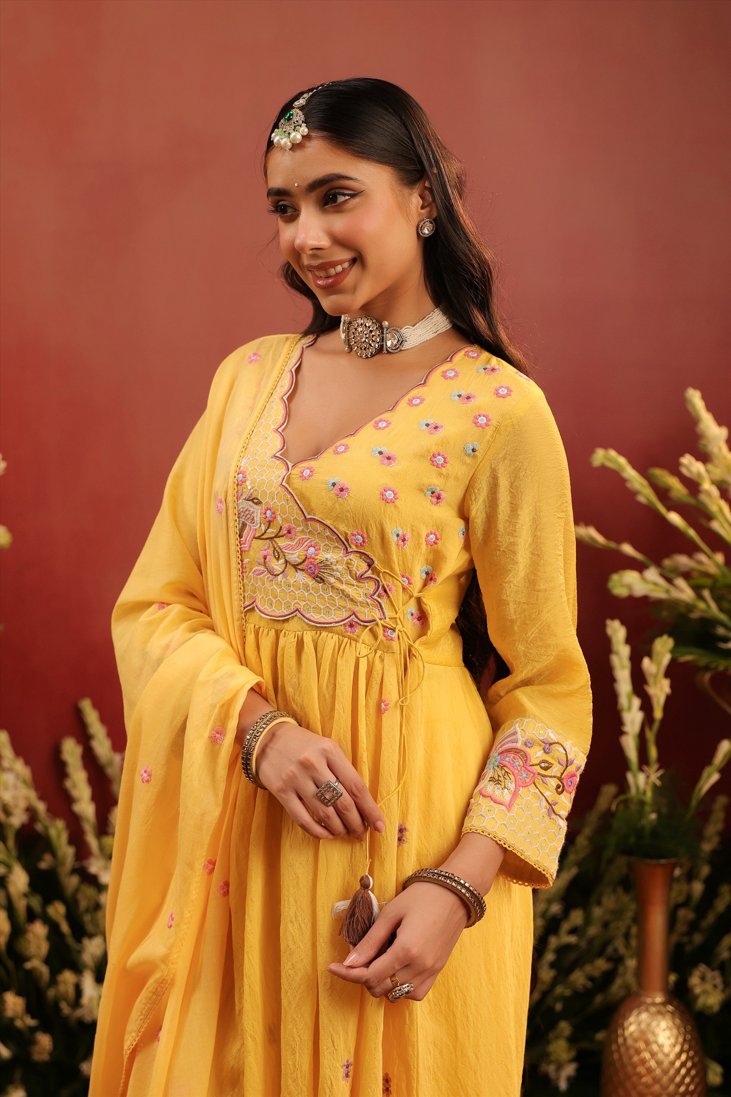 Yellow Mul Chanderi Embroidered Angrakha Anarkali Suit Set