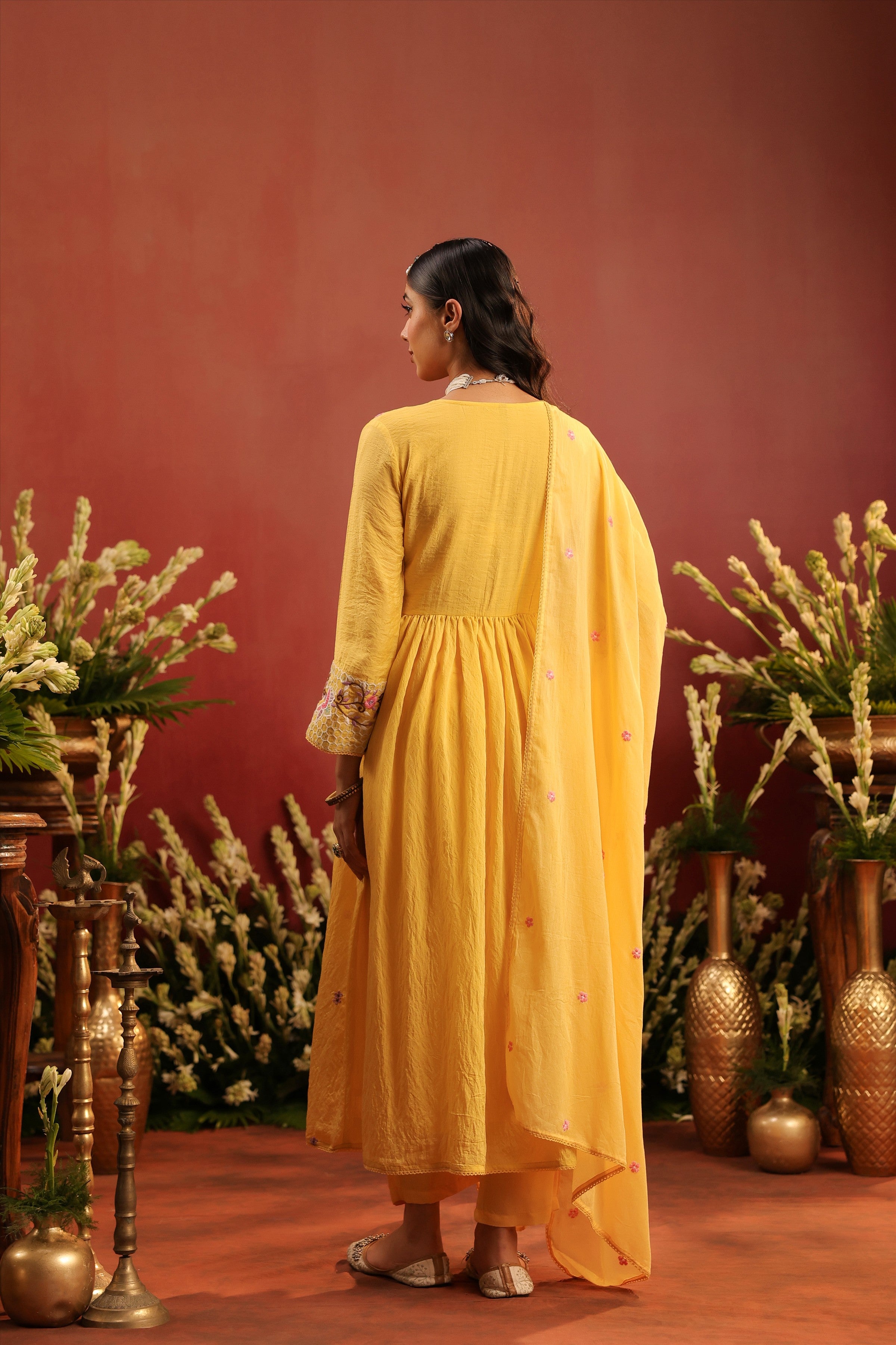 Yellow Mul Chanderi Embroidered Angrakha Anarkali Suit Set