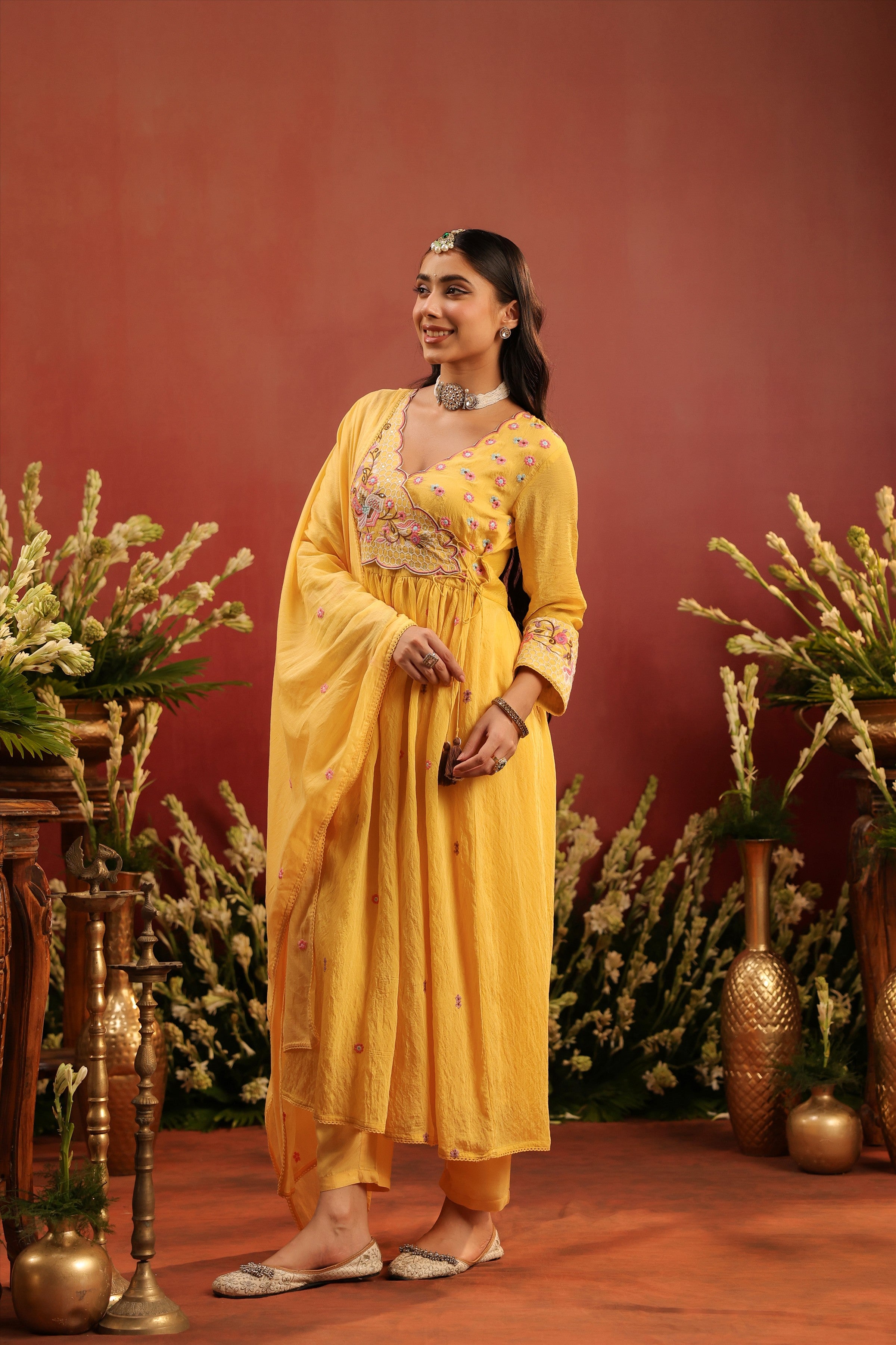 Yellow Mul Chanderi Embroidered Angrakha Anarkali Suit Set