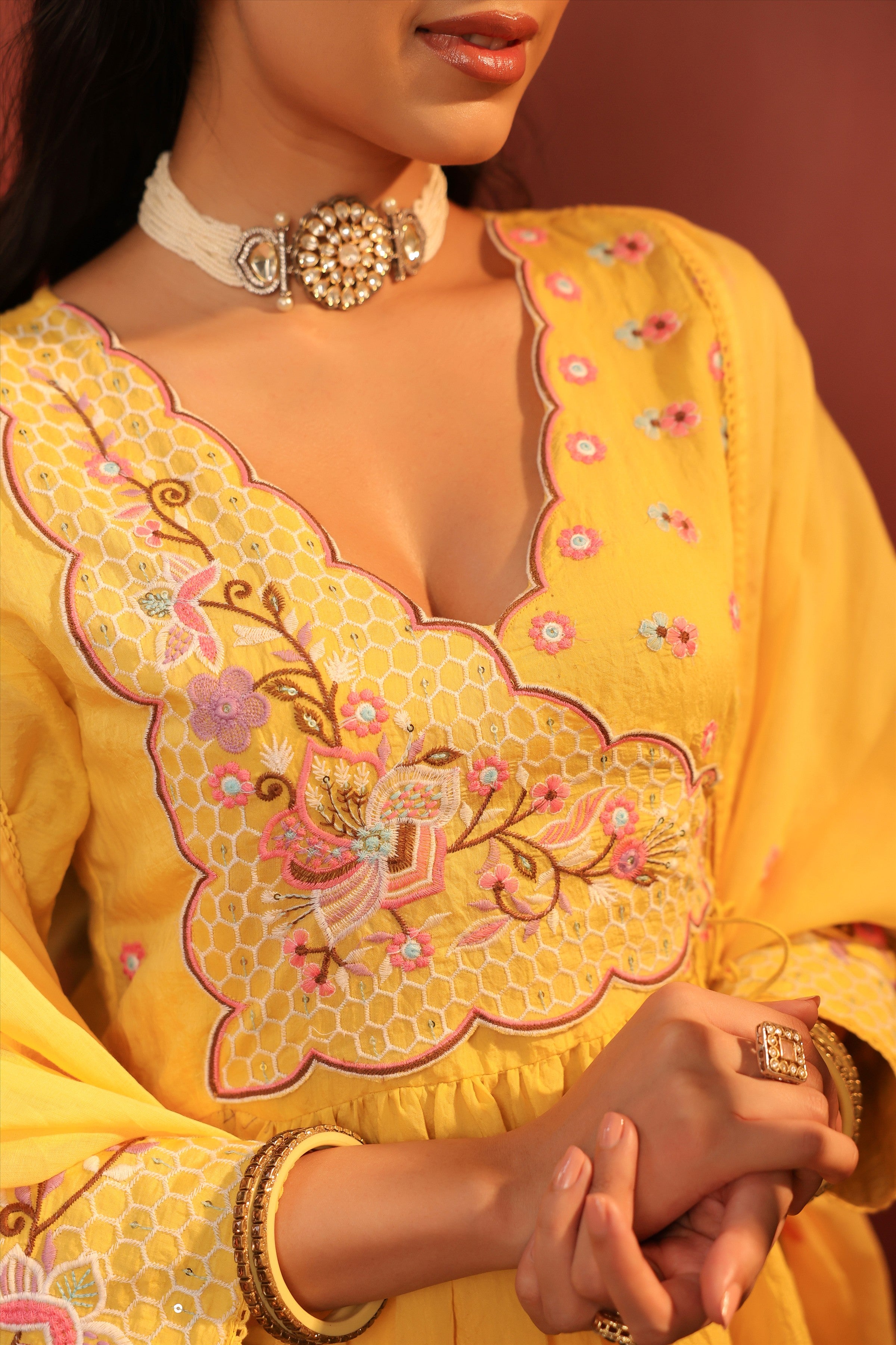 Yellow Mul Chanderi Embroidered Angrakha Anarkali Suit Set