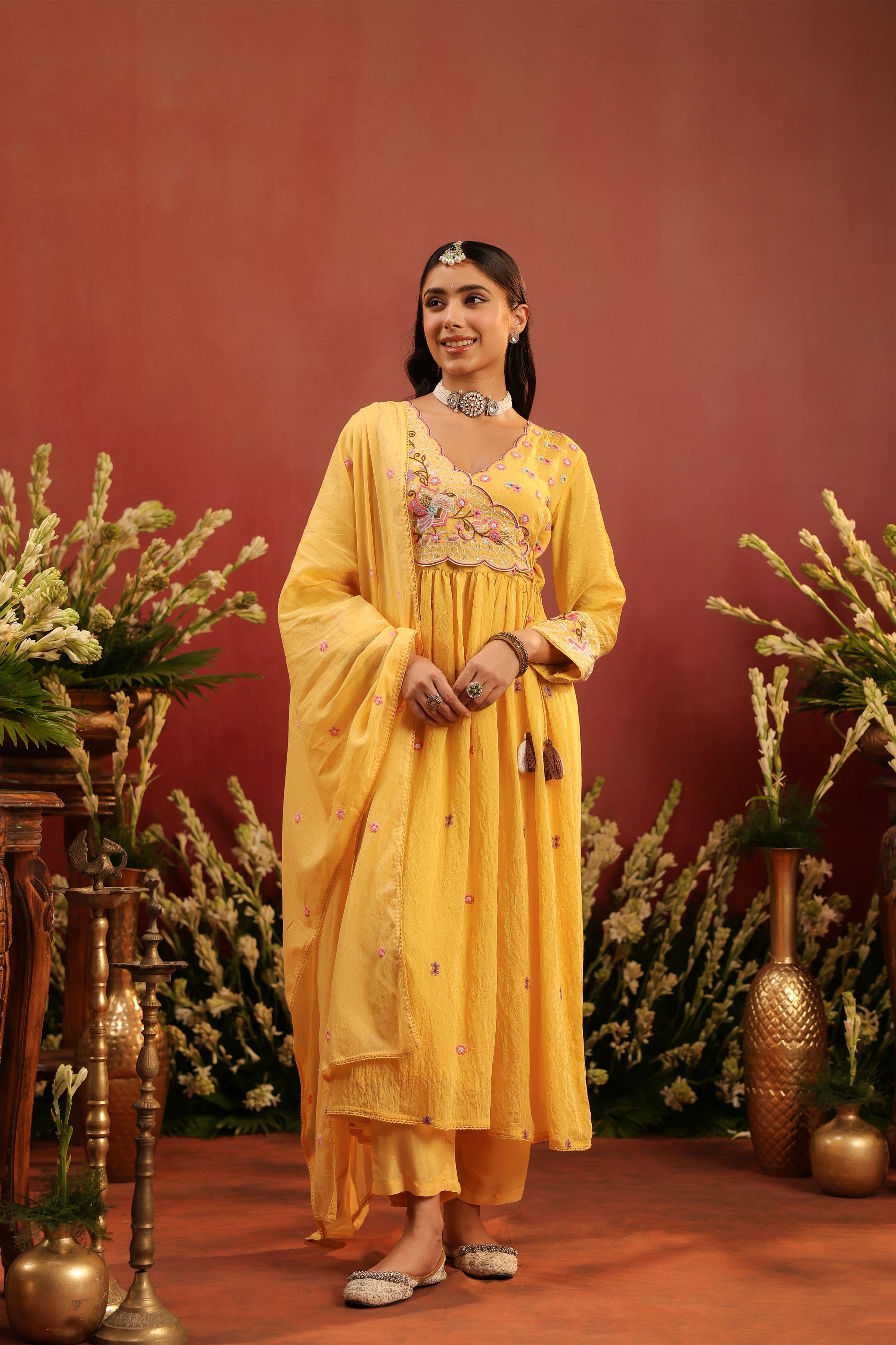 Yellow Mul Chanderi Embroidered Angrakha Anarkali Suit Set