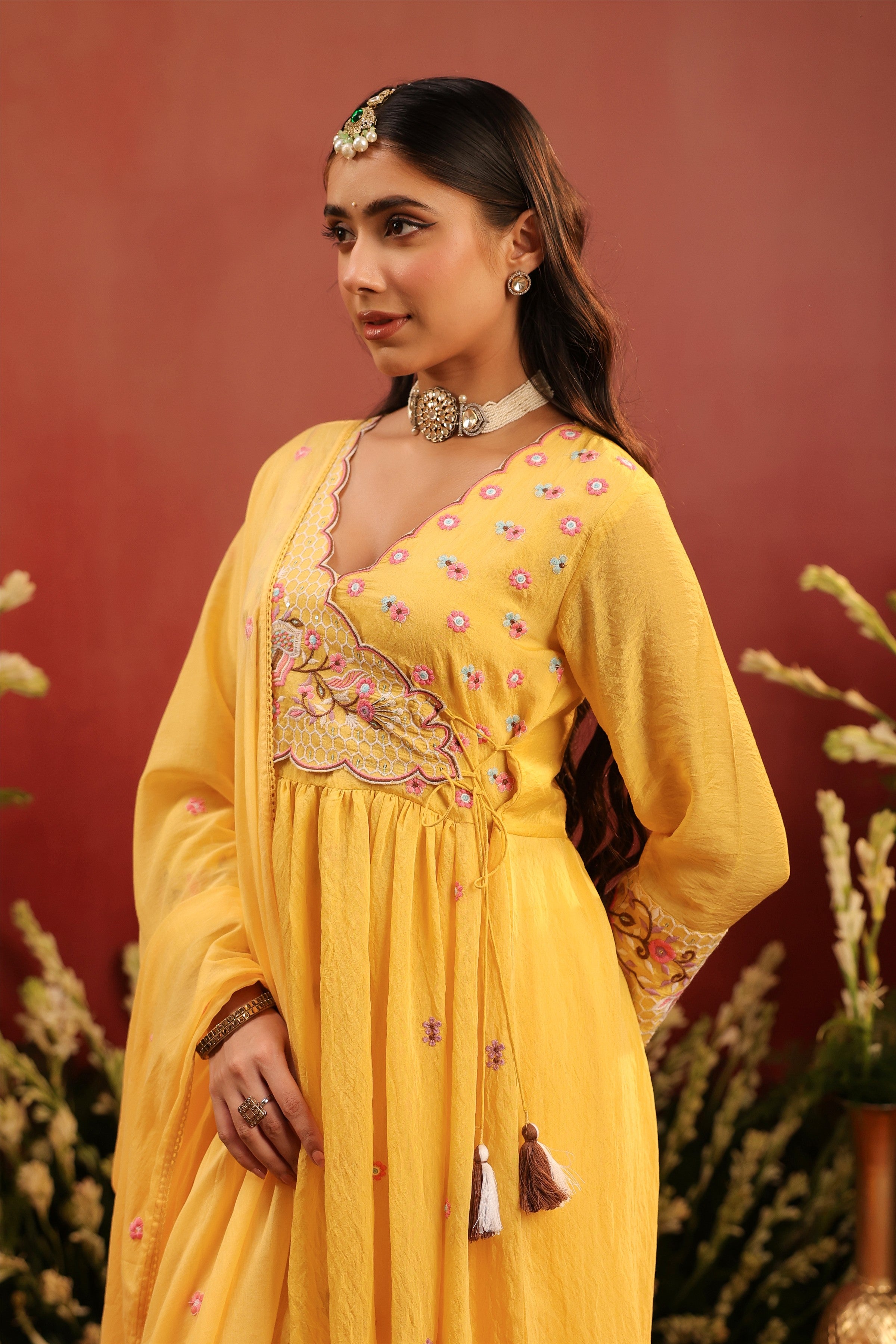 Yellow Mul Chanderi Embroidered Angrakha Anarkali Suit Set