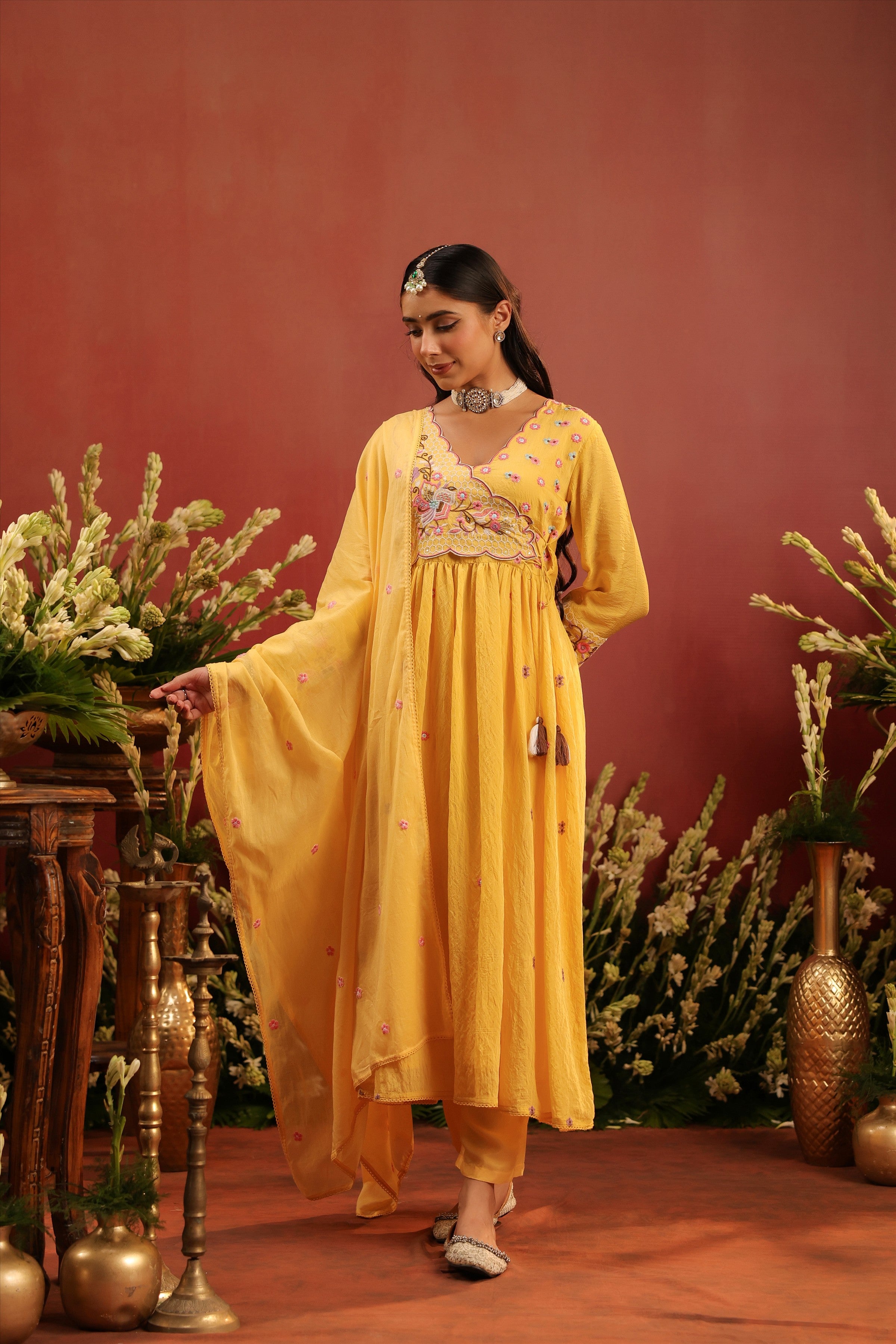 Yellow Mul Chanderi Embroidered Angrakha Anarkali Suit Set