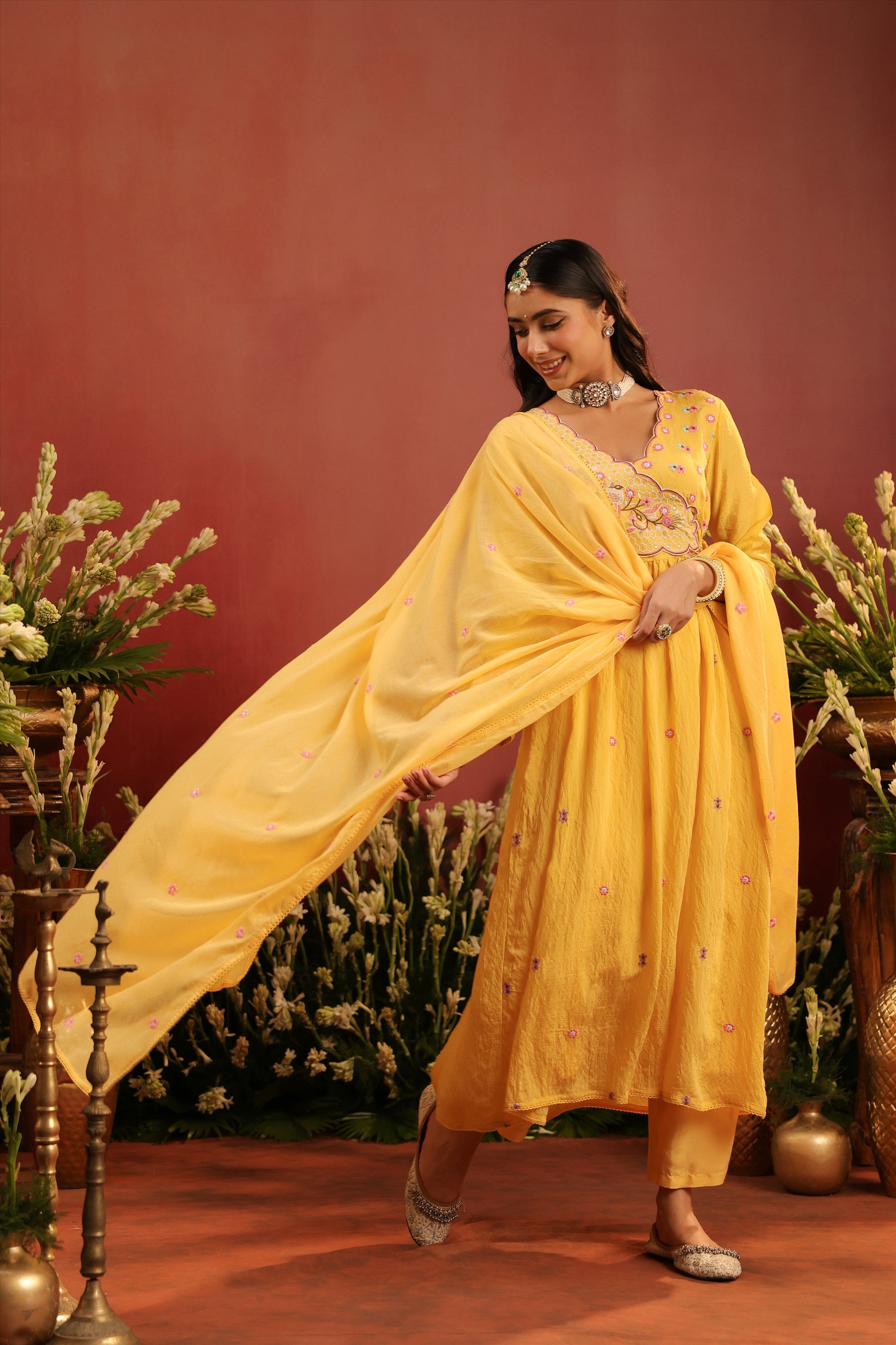 Yellow Mul Chanderi Embroidered Angrakha Anarkali Suit Set