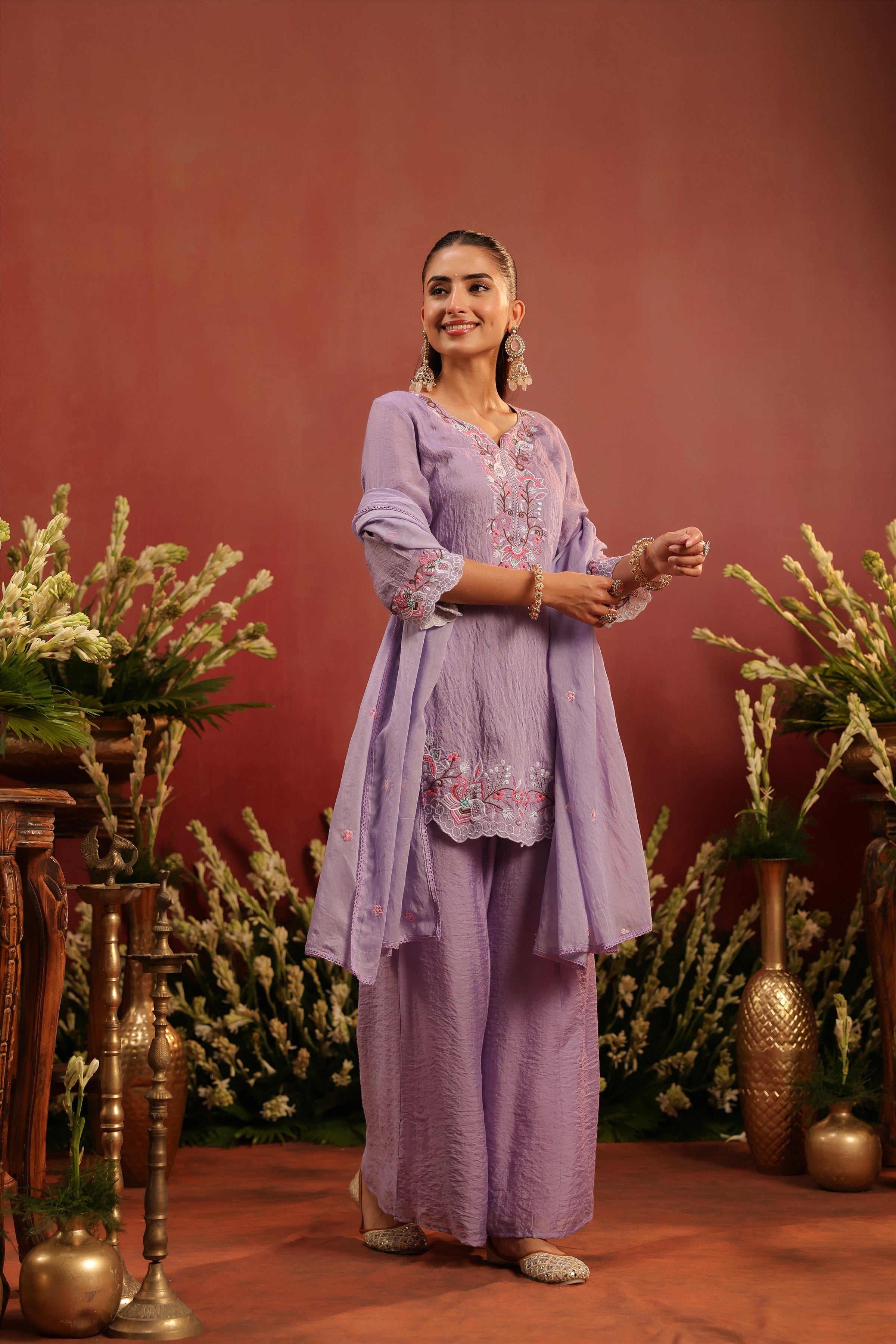 Lavender Mul Chanderi Embroidered Sharara Set
