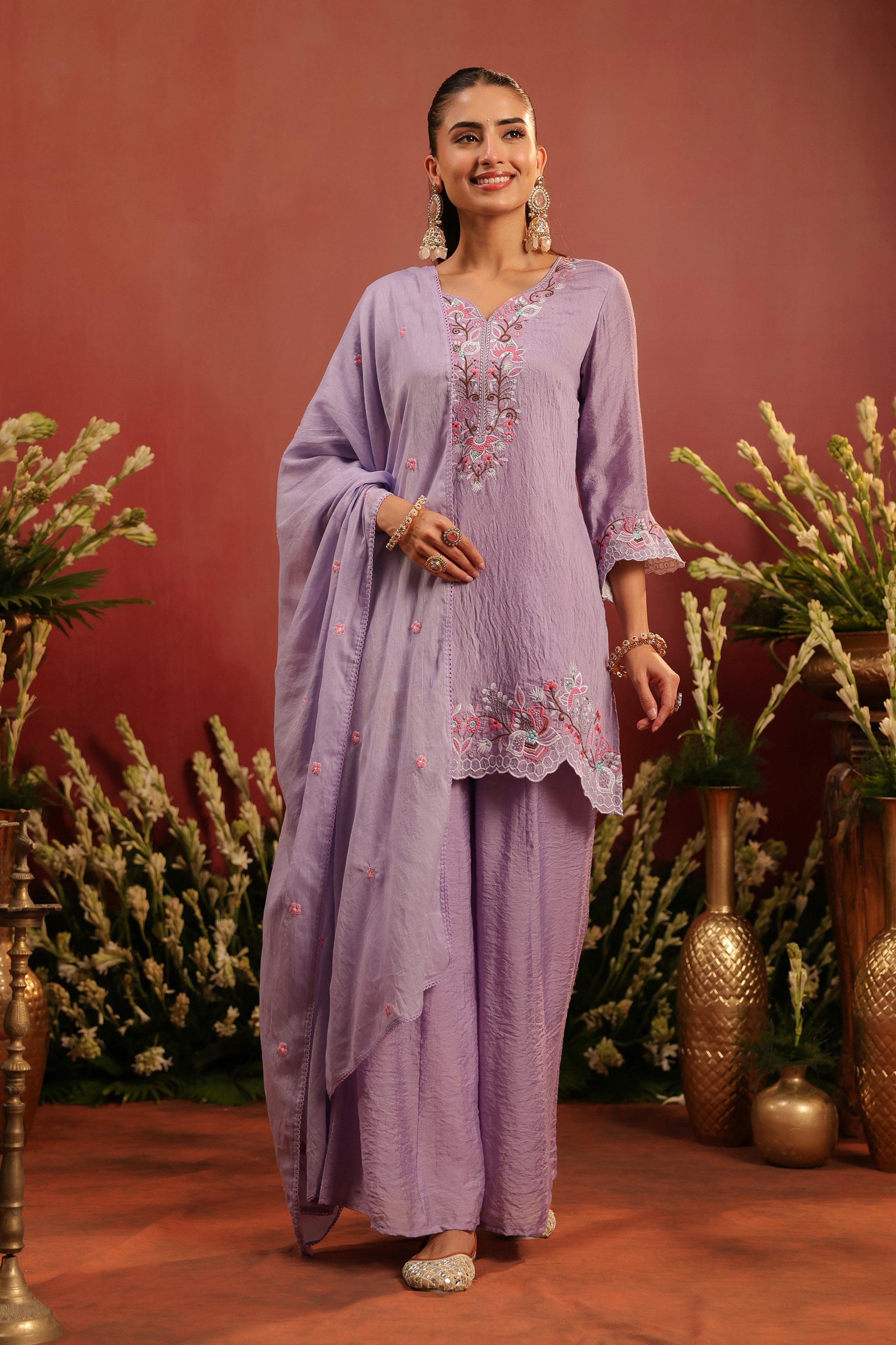 Lavender Mul Chanderi Embroidered Sharara Set