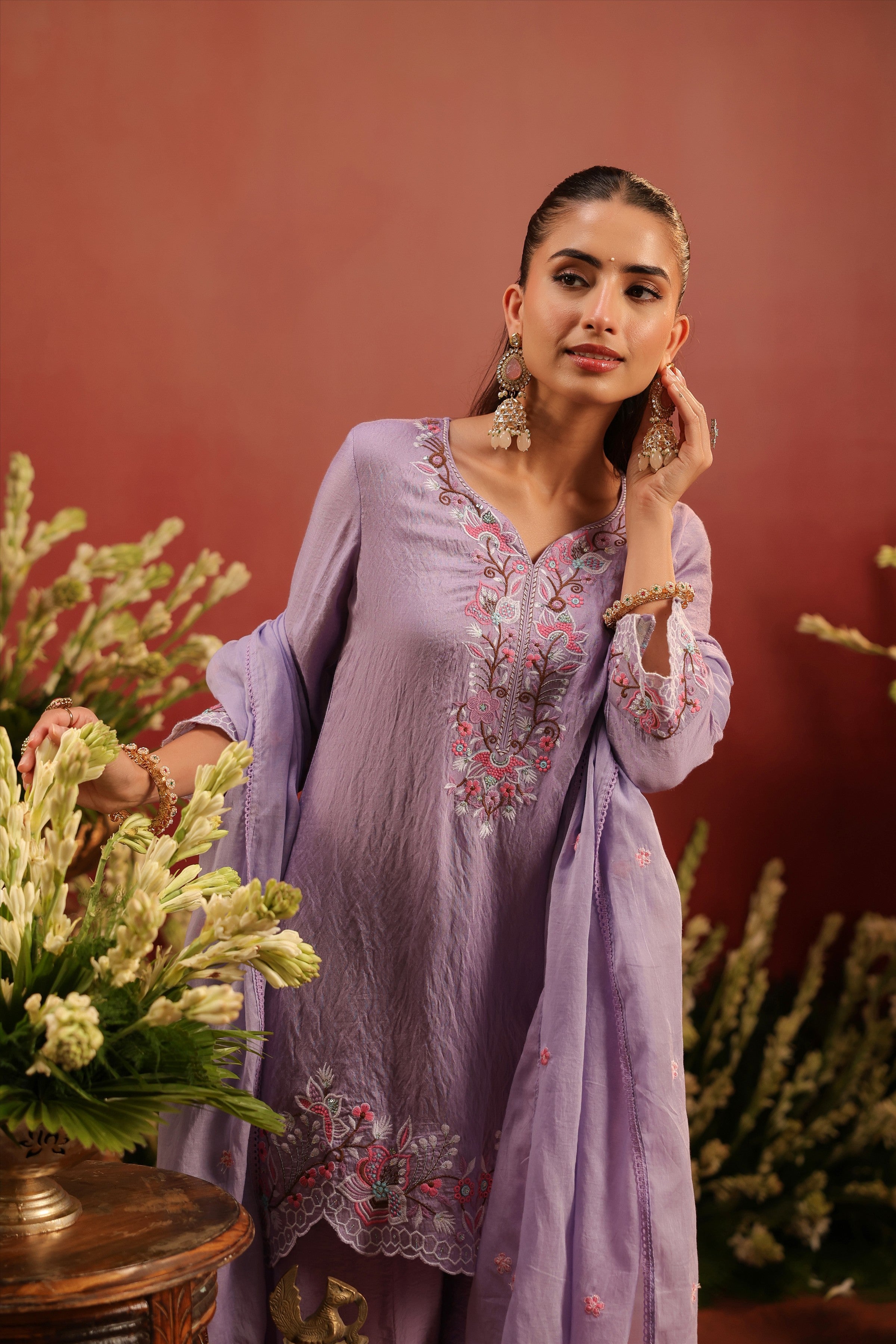 Lavender Mul Chanderi Embroidered Sharara Set