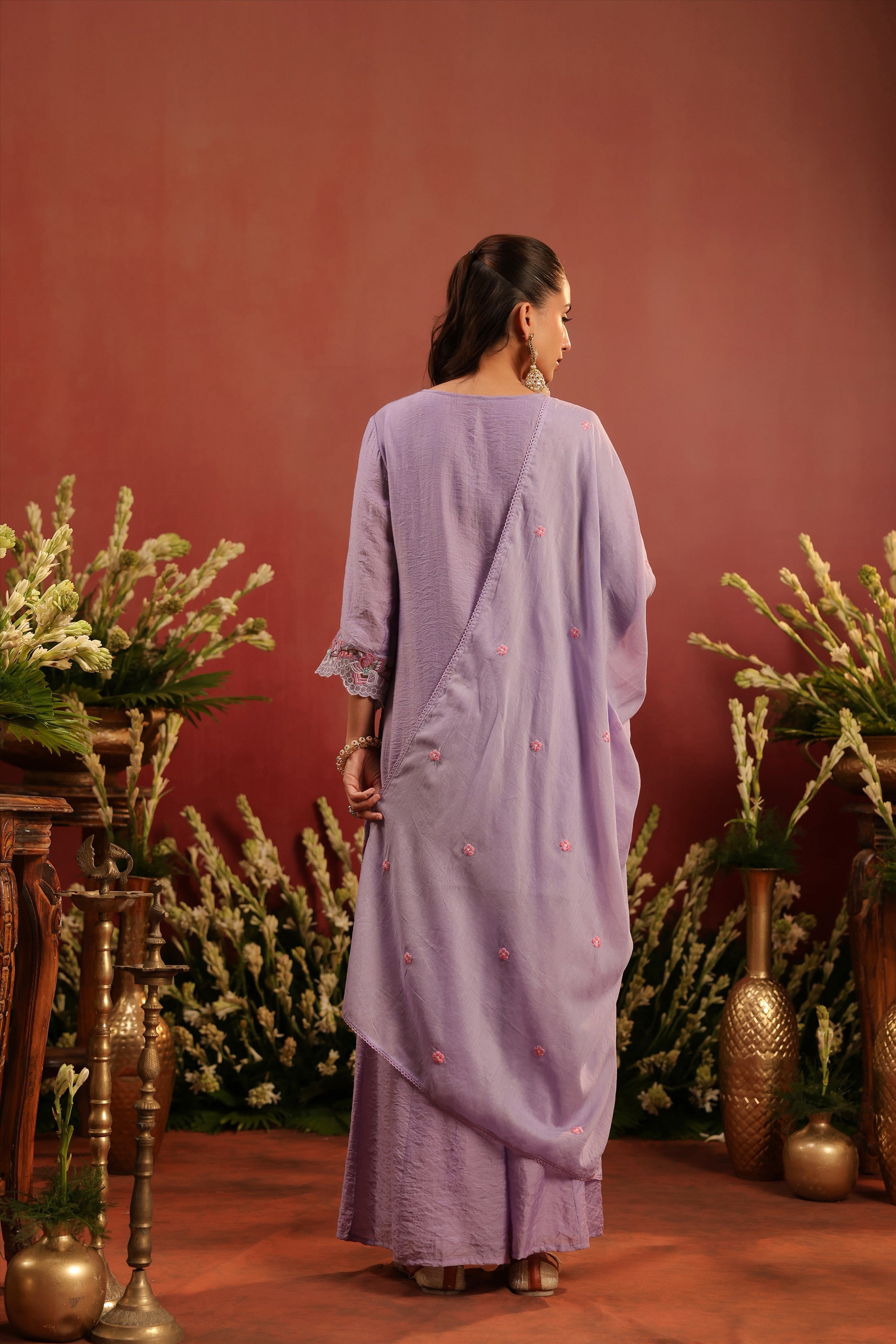 Lavender Mul Chanderi Embroidered Sharara Set