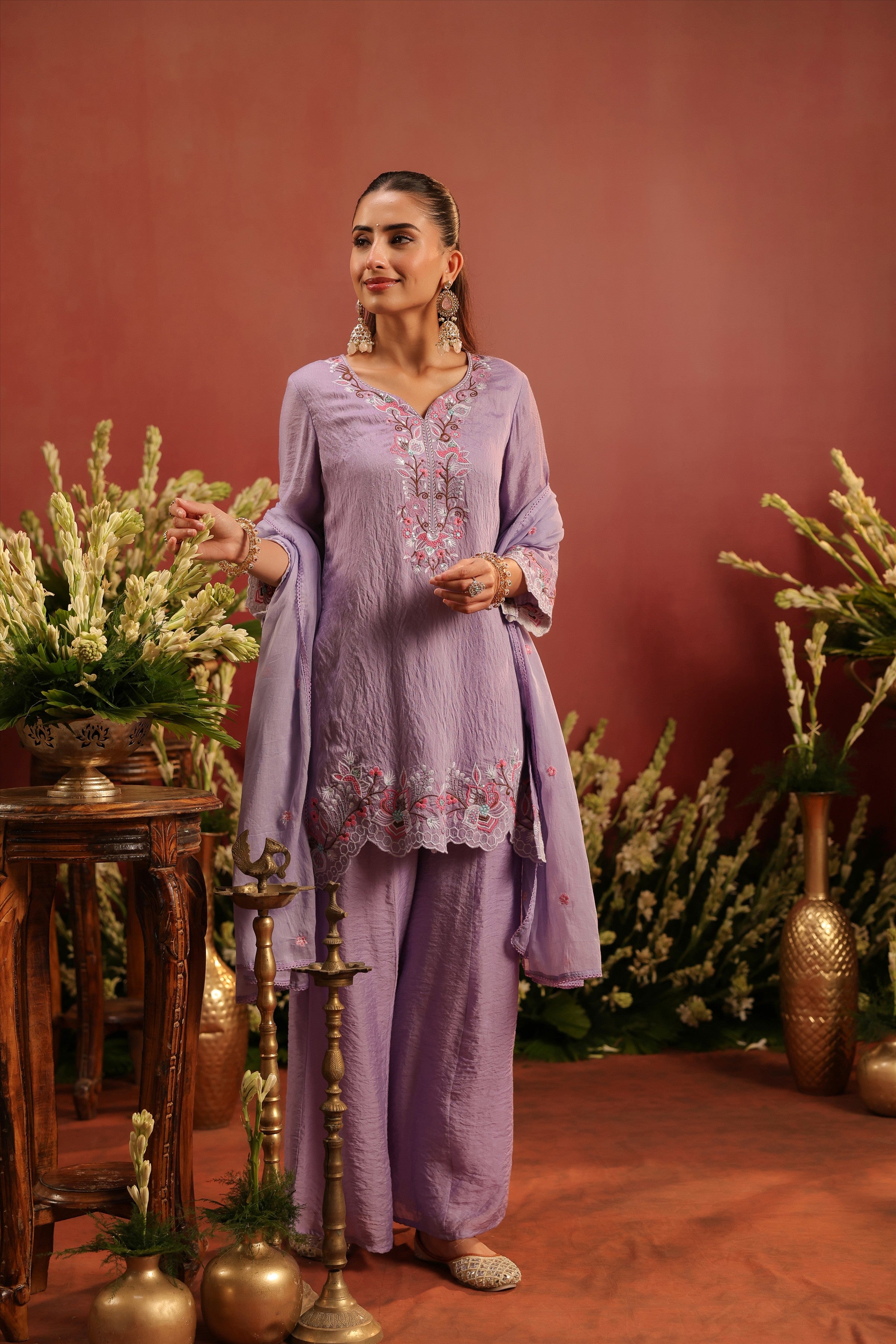 Lavender Mul Chanderi Embroidered Sharara Set