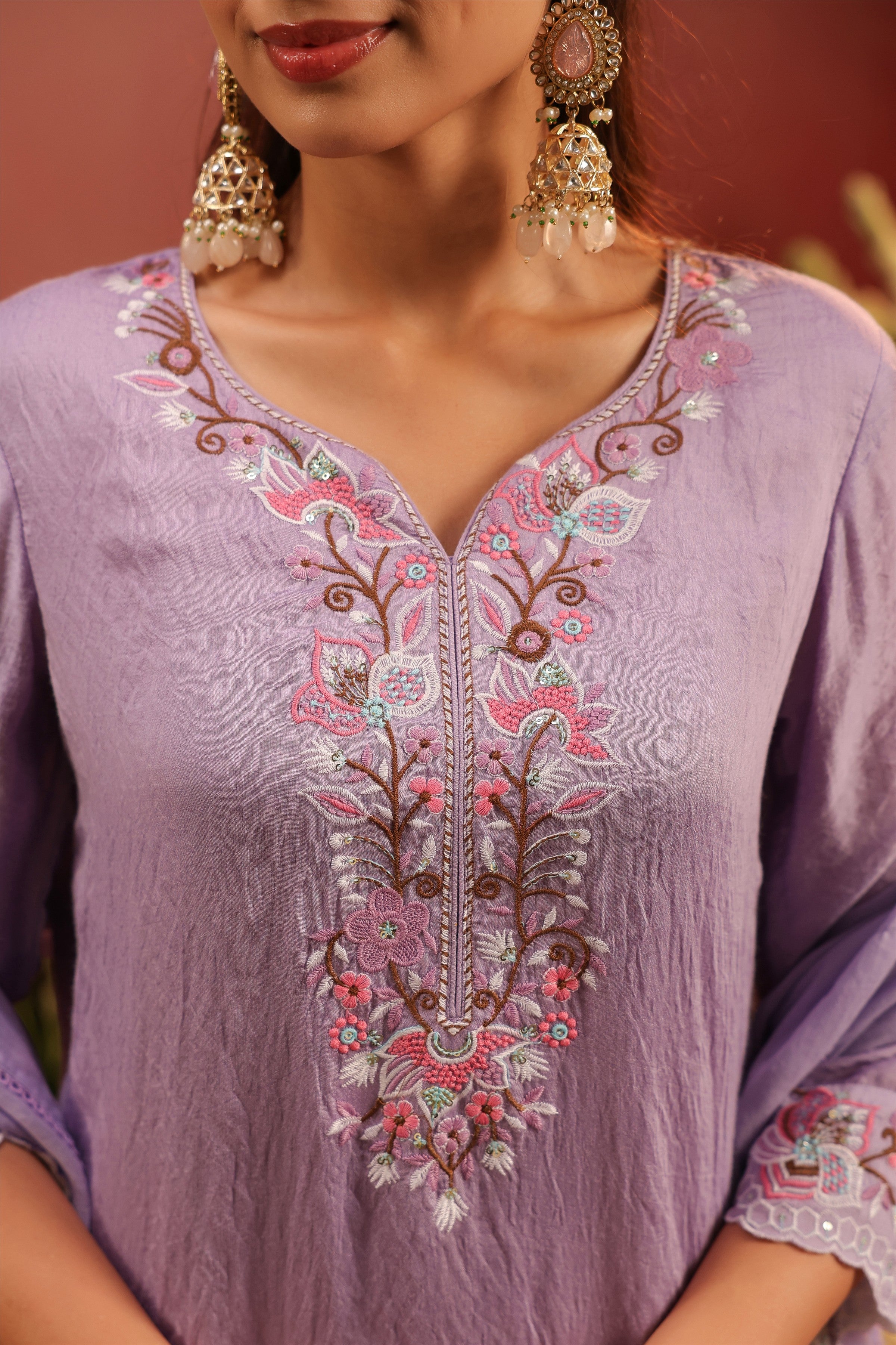 Lavender Mul Chanderi Embroidered Sharara Set