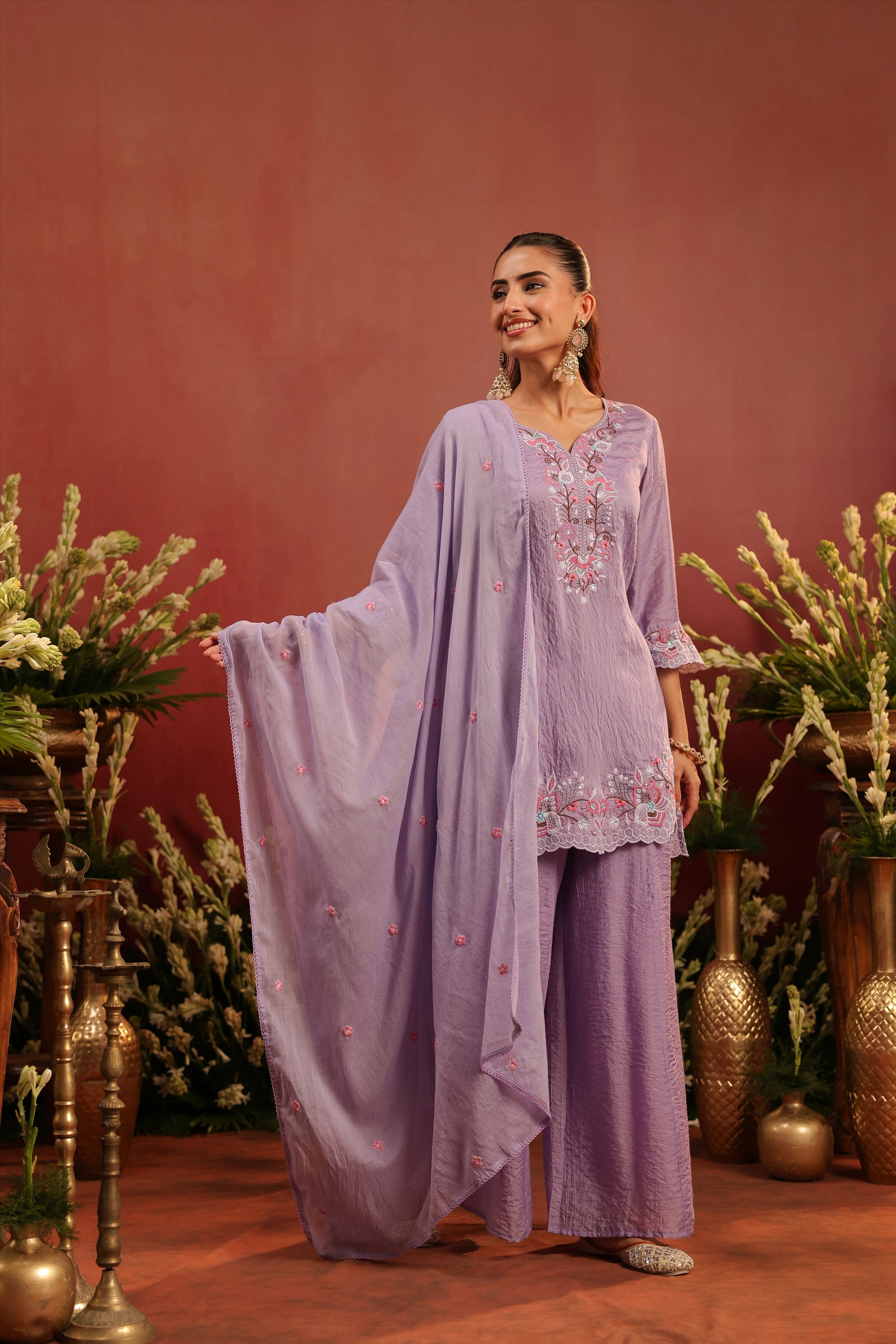 Lavender Mul Chanderi Embroidered Sharara Set