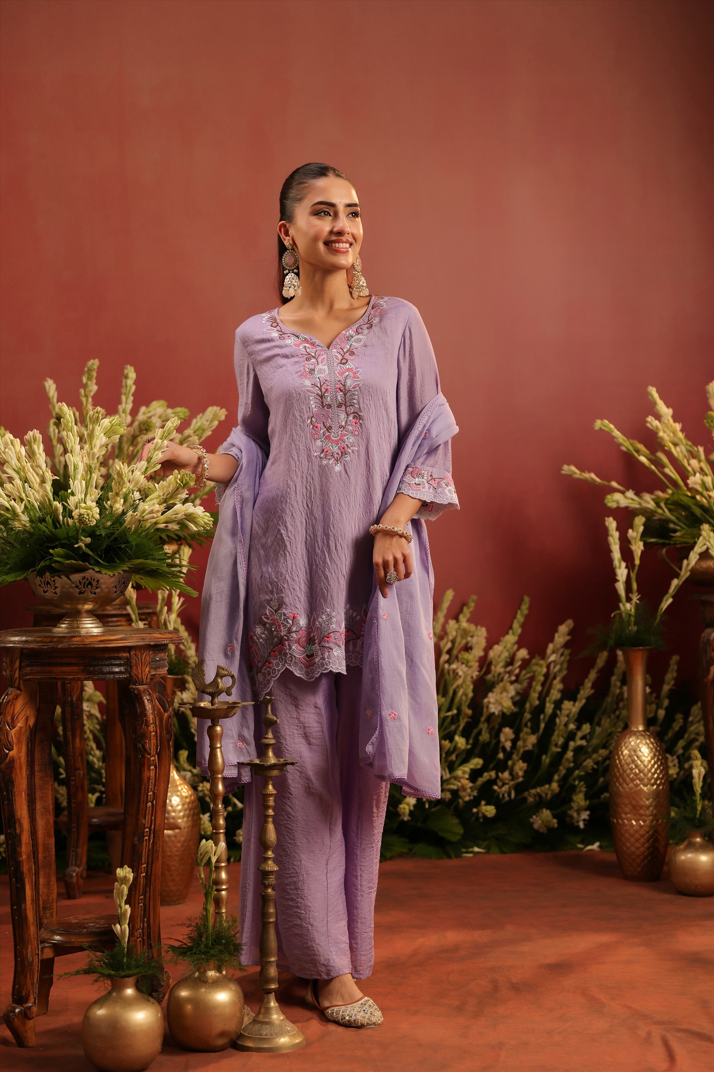 Lavender Mul Chanderi Embroidered Sharara Set