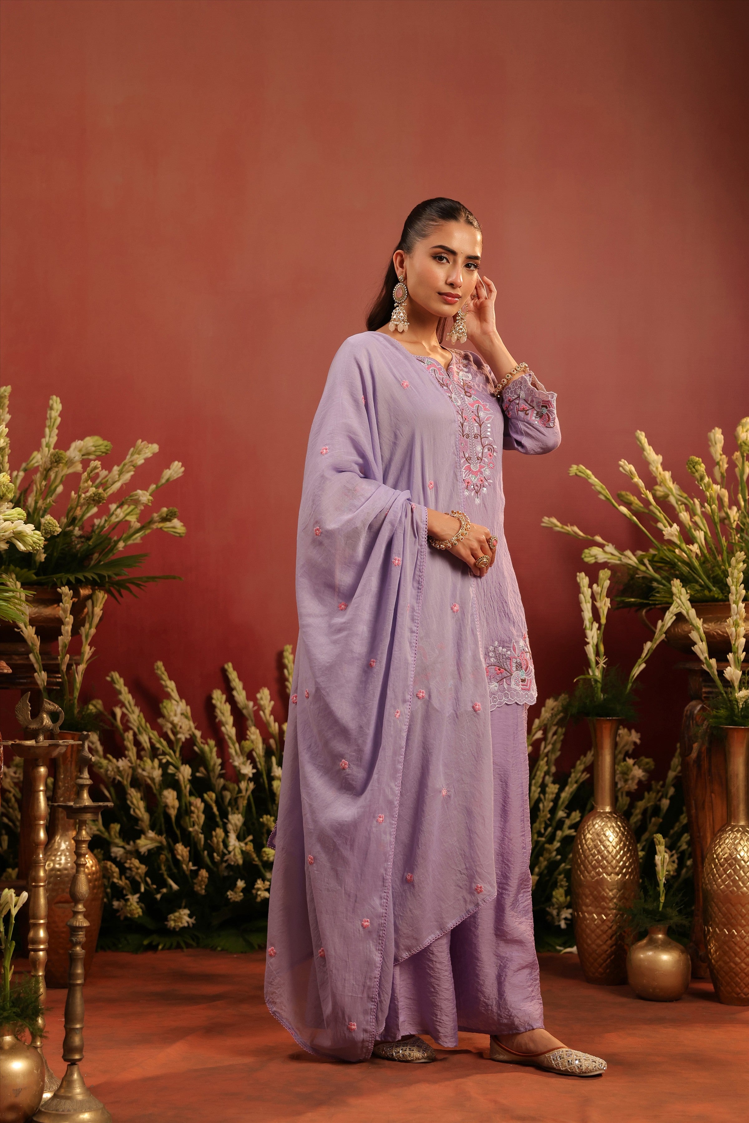 Lavender Mul Chanderi Embroidered Sharara Set