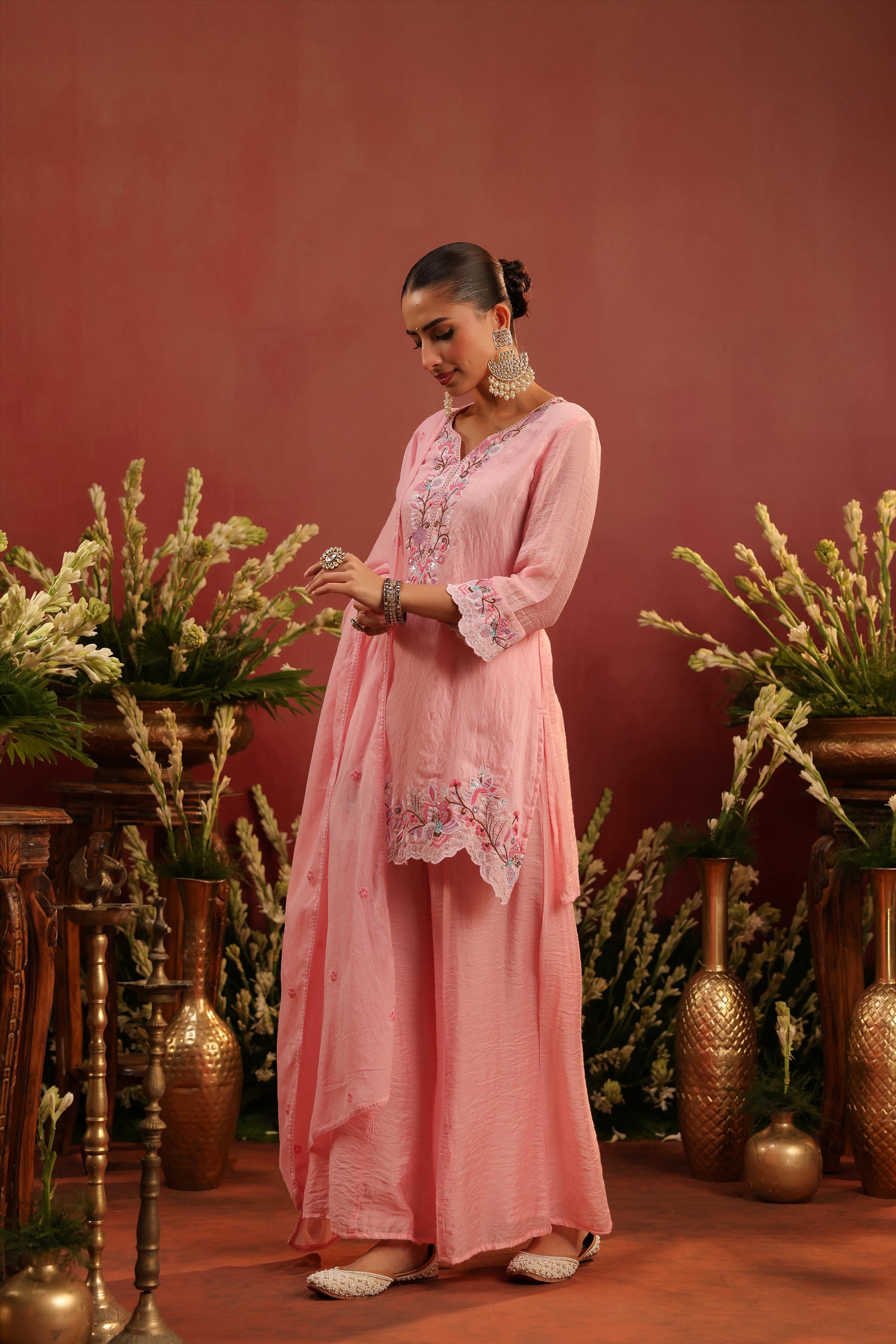 Pink Mul Chanderi Embroidered Sharara Set