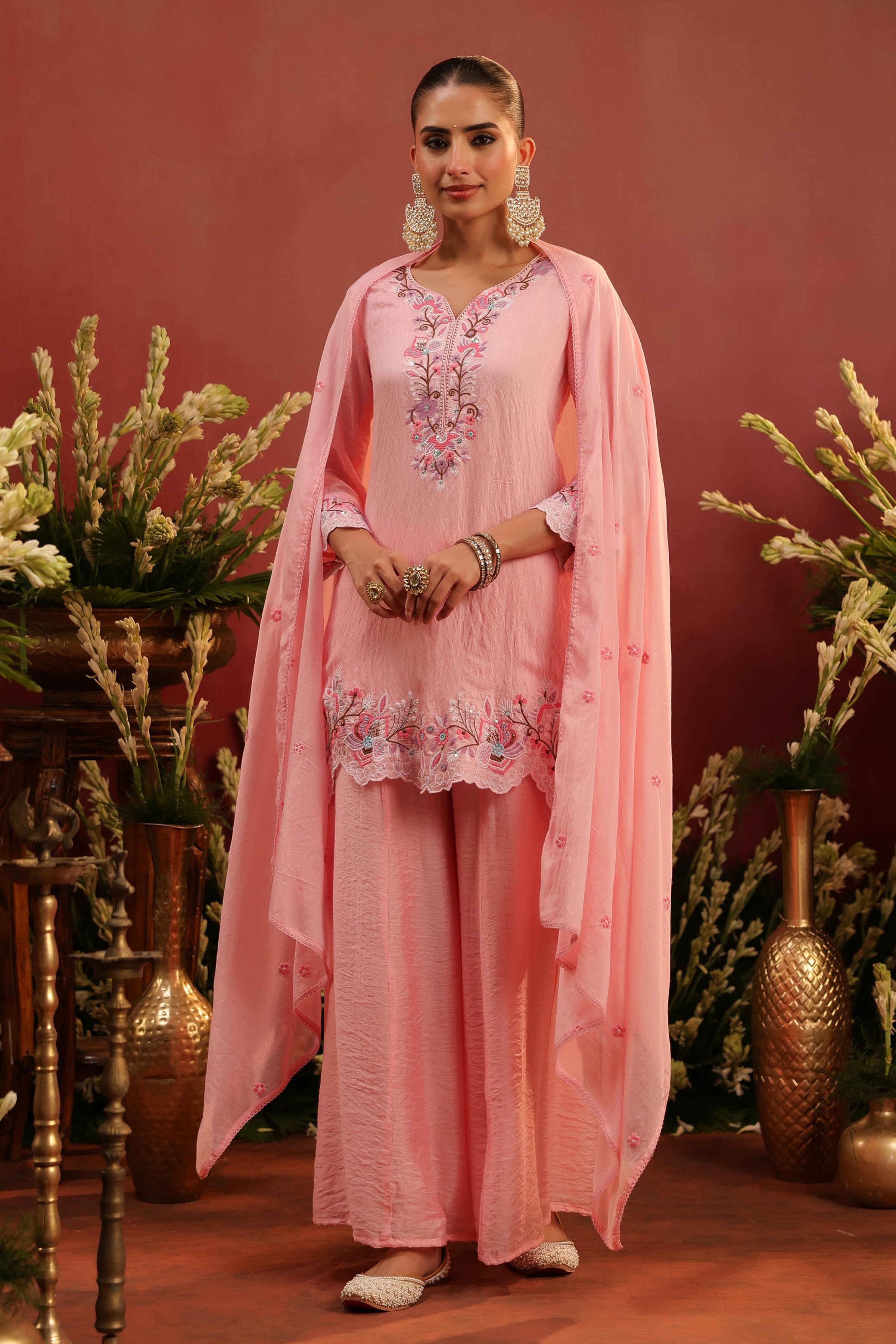 Pink Mul Chanderi Embroidered Sharara Set