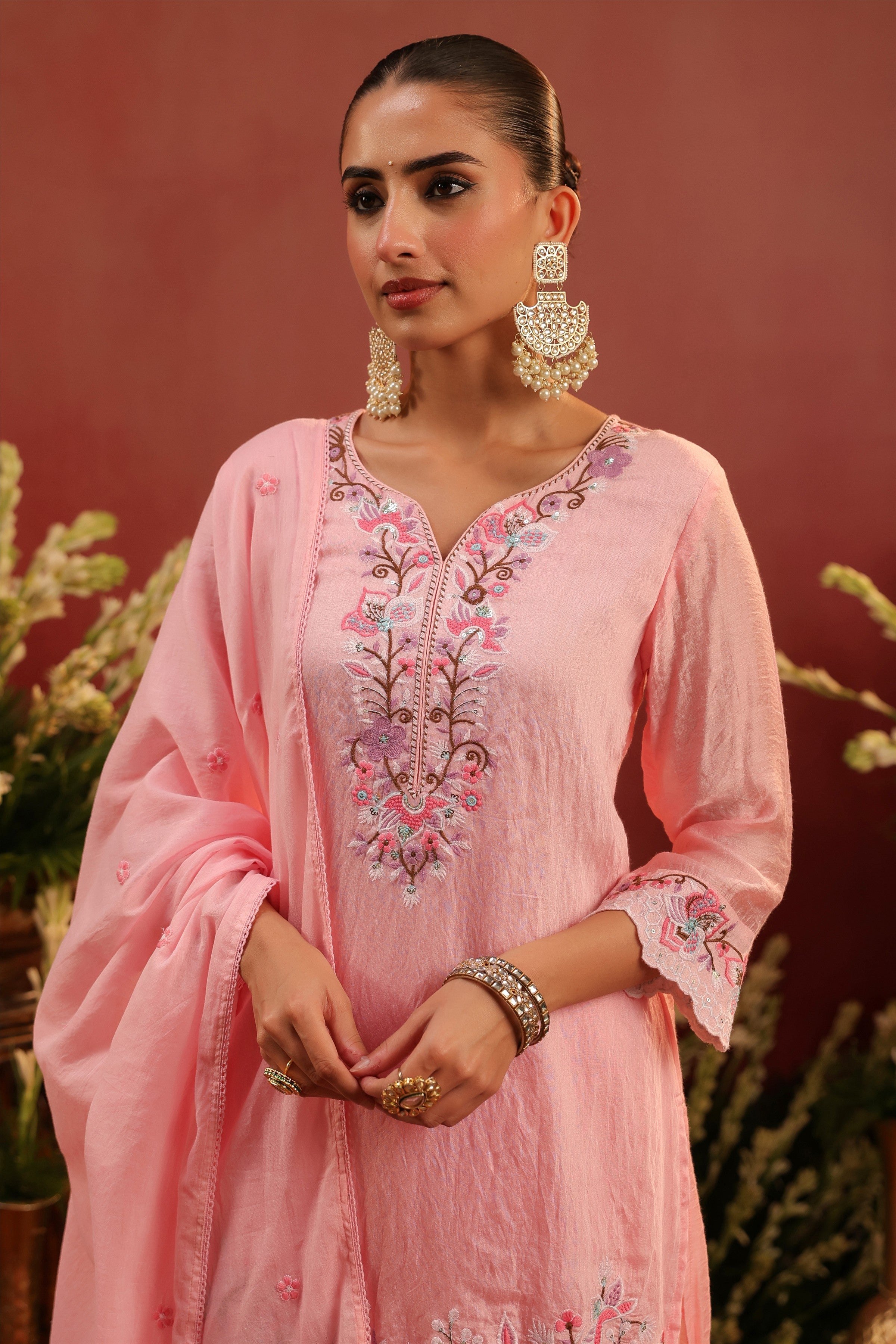 Pink Mul Chanderi Embroidered Sharara Set