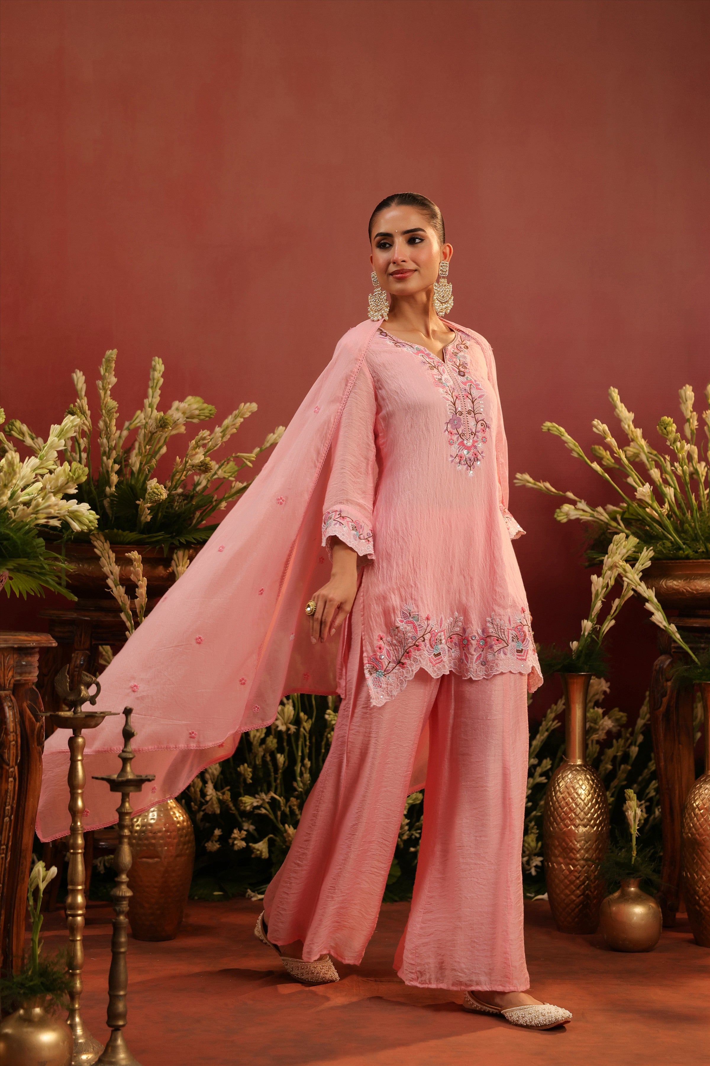 Pink Mul Chanderi Embroidered Sharara Set