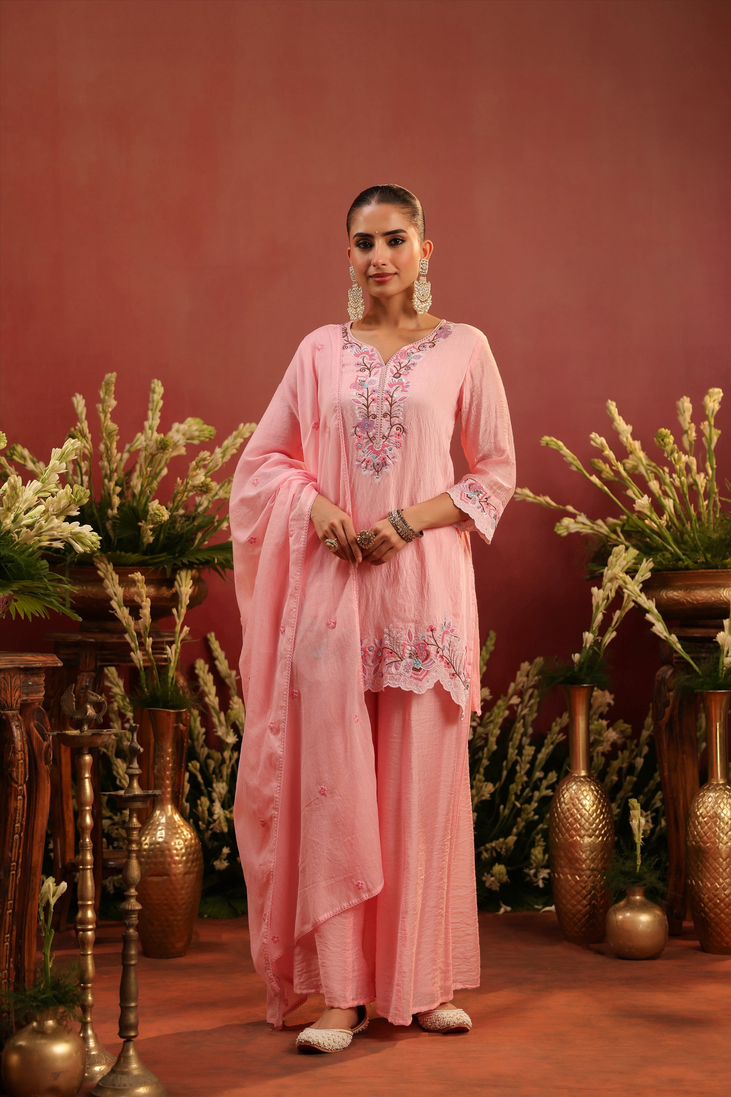 Pink Mul Chanderi Embroidered Sharara Set