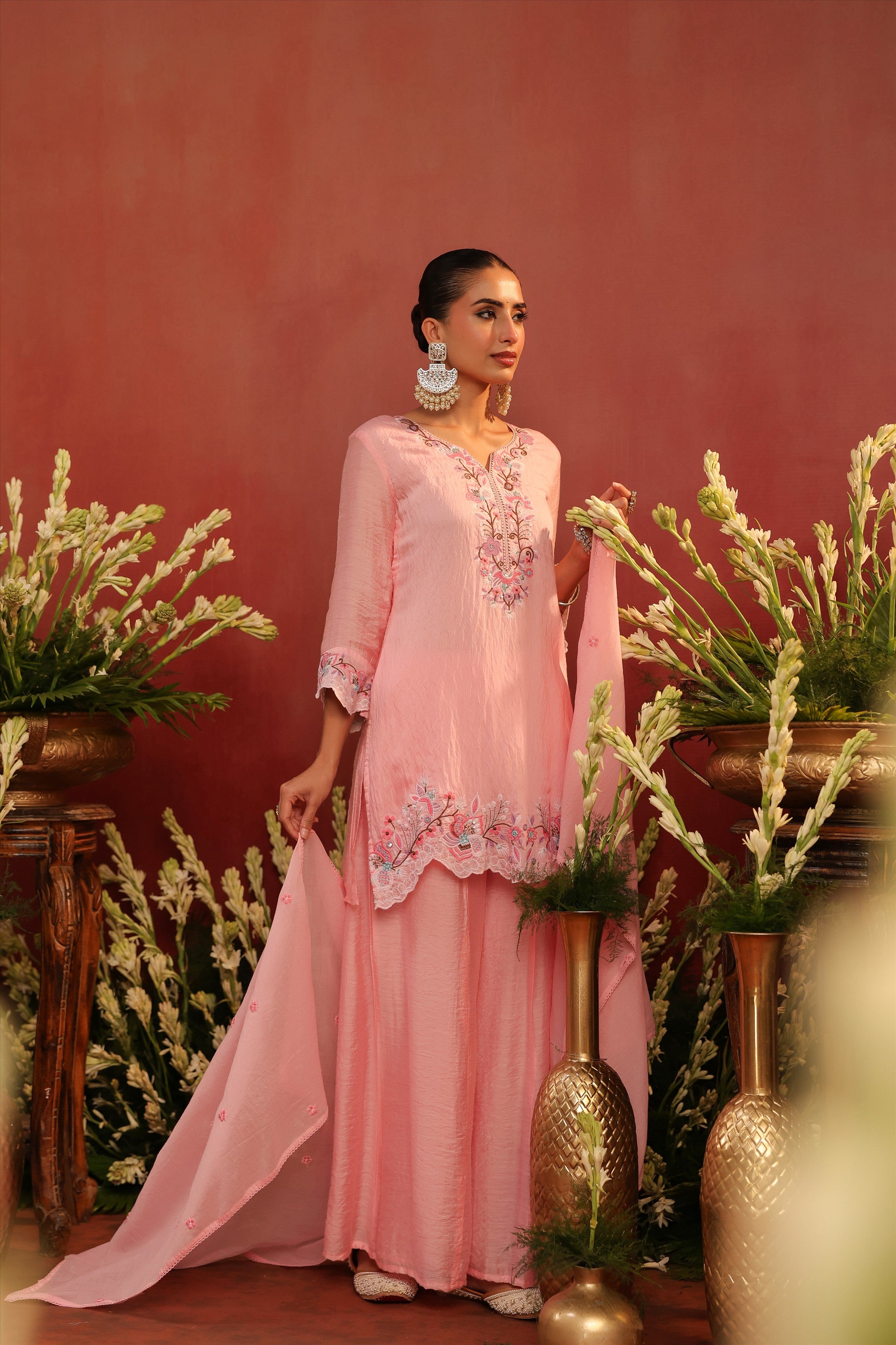 Pink Mul Chanderi Embroidered Sharara Set