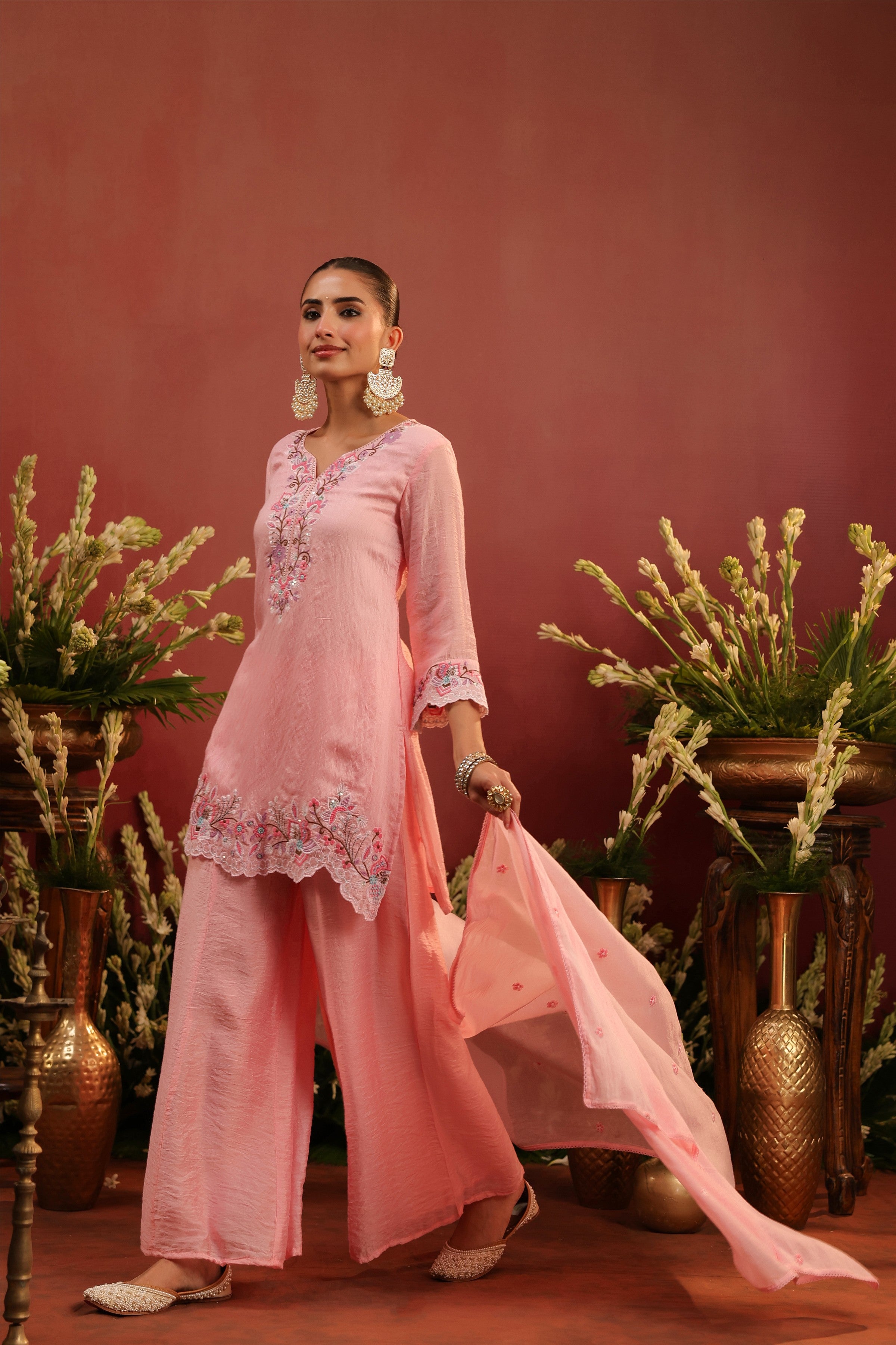 Pink Mul Chanderi Embroidered Sharara Set