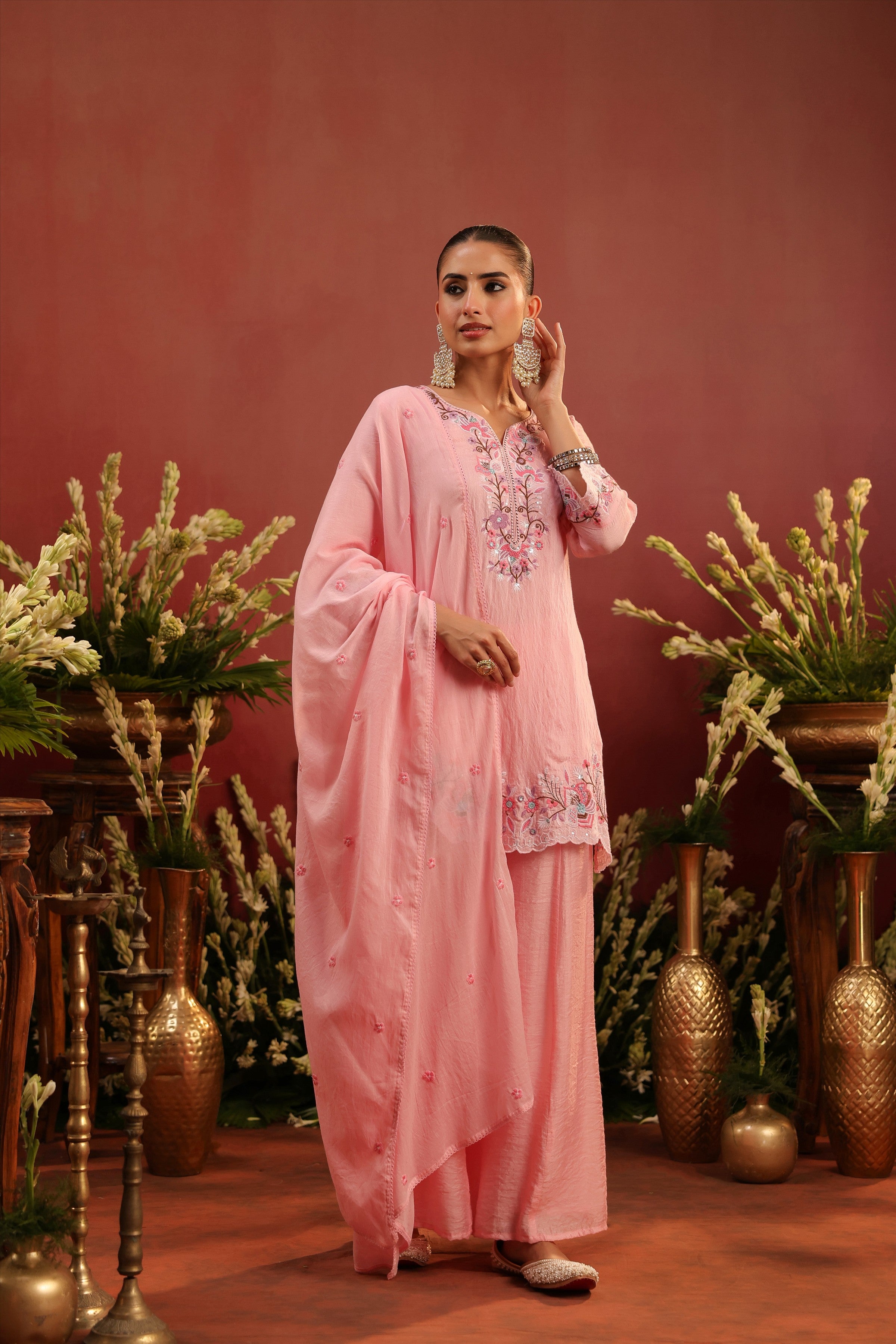 Pink Mul Chanderi Embroidered Sharara Set