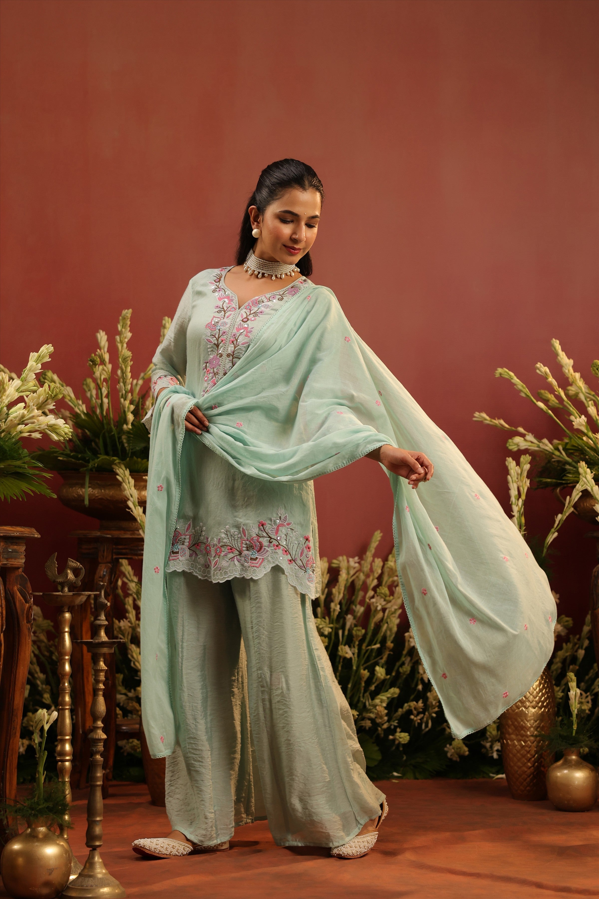 Sea Green Mul Chanderi Embroidered Sharara Set